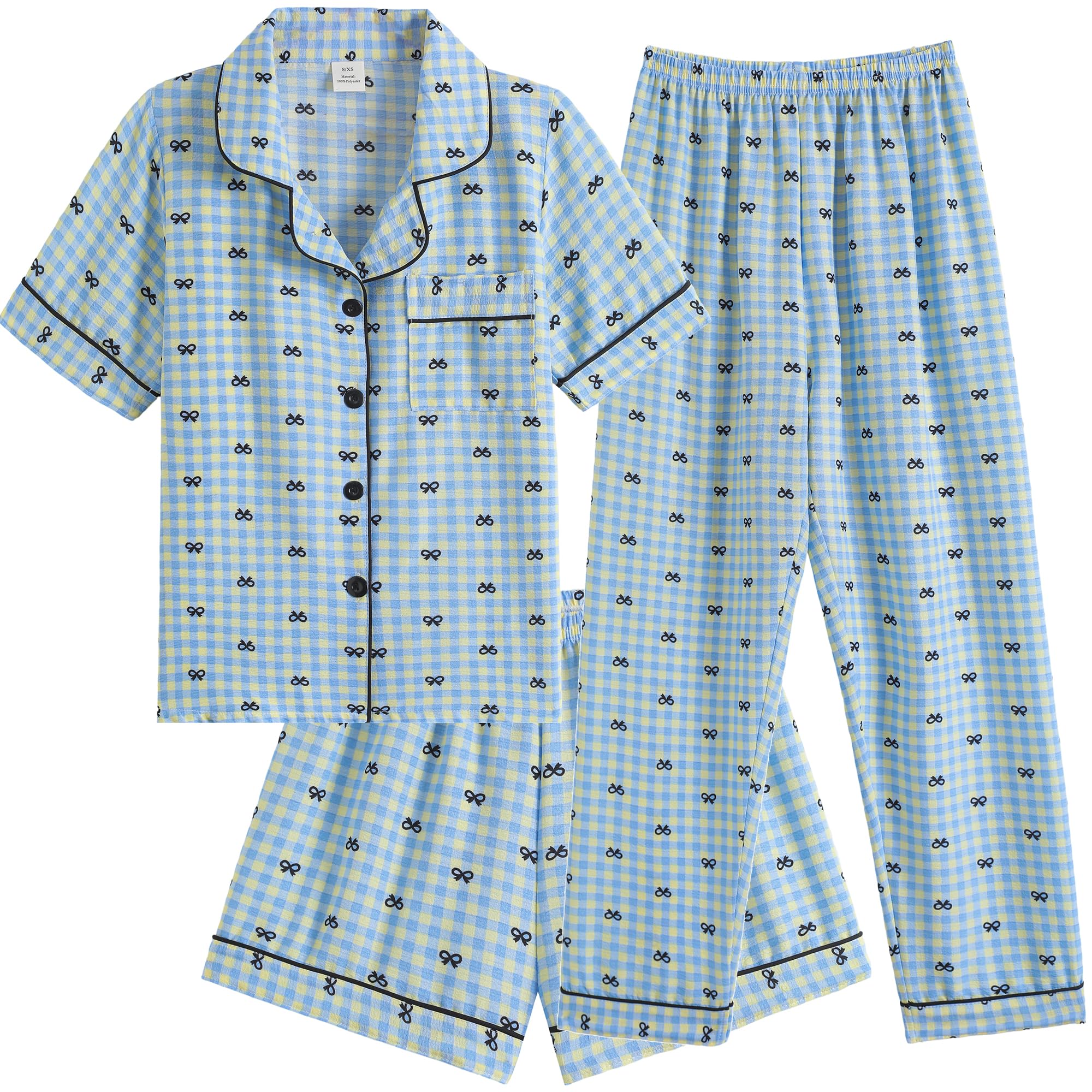 Hupohoi Big Girls Button Down Pajama Set 3pcs Crepe Fabric Sleepwear Nighty