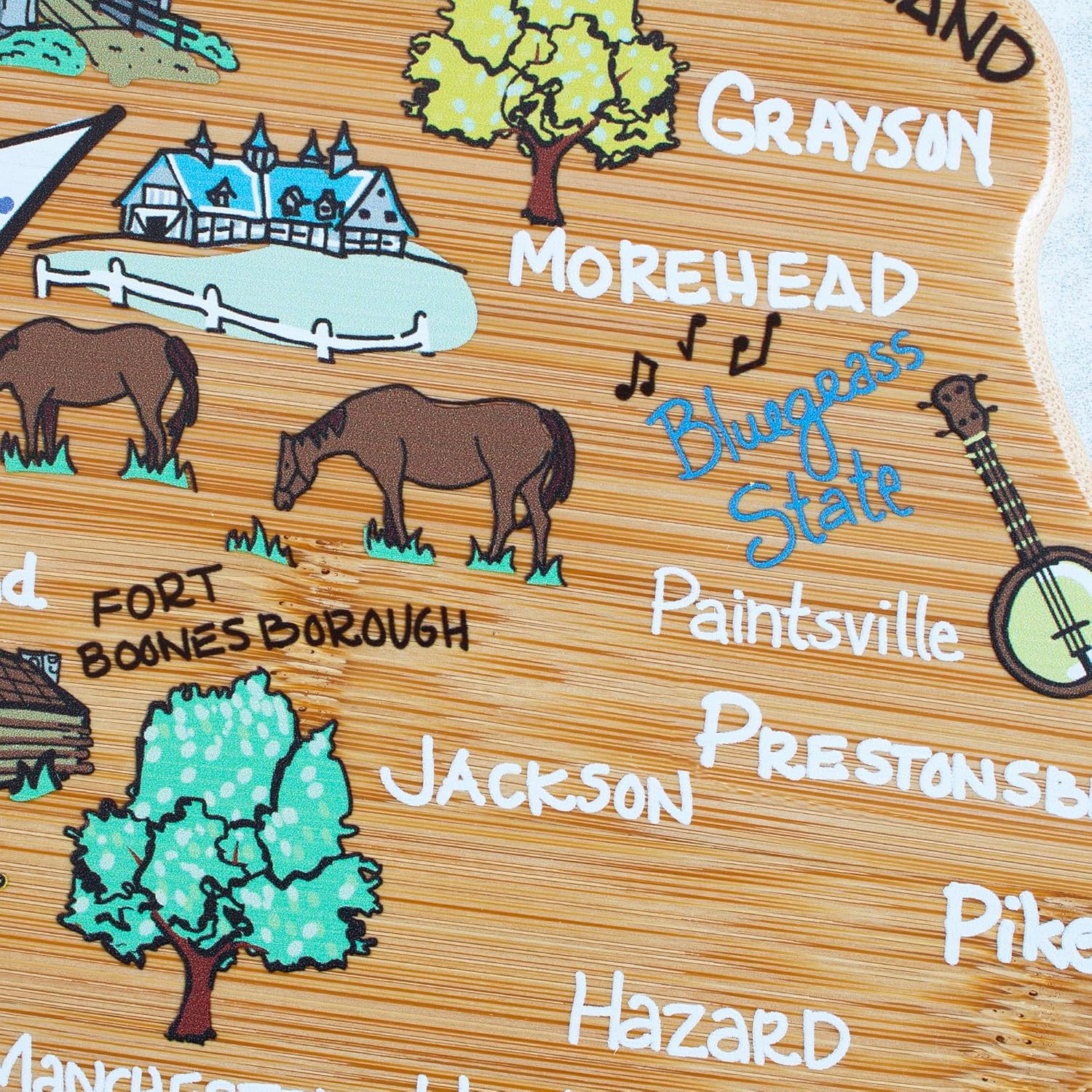 Totally Bamboo Kentucky State Shaped Cutting Board and Charcuterie Serving Platter with Artwork by Fish Kiss, Includes Hang Tie for Wall Display - Image 6