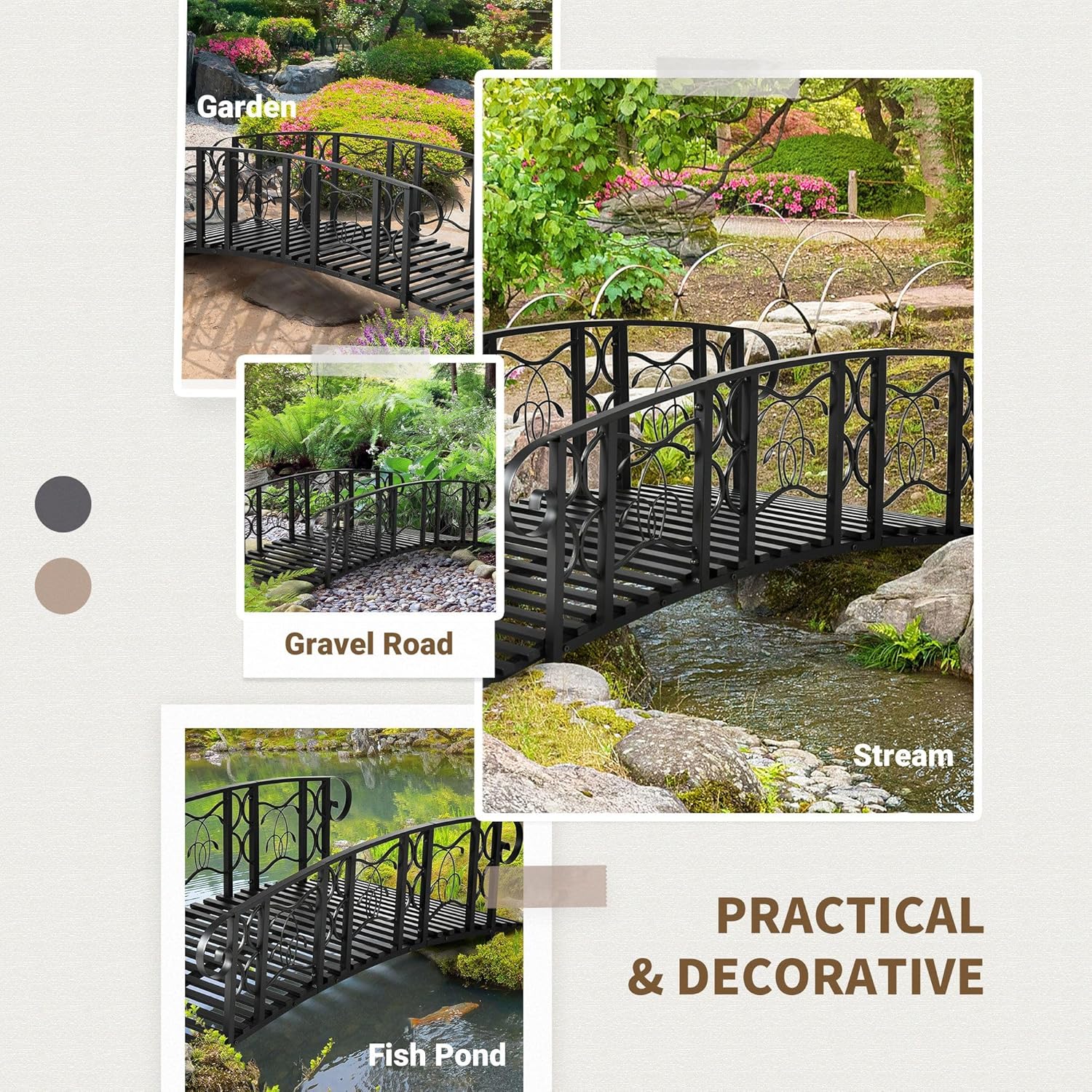 6ft 660lb Solid Metal Arch Garden Walkway Bridge with Safety Siderails and Motif Vine Designs and Easy Build Black Finish