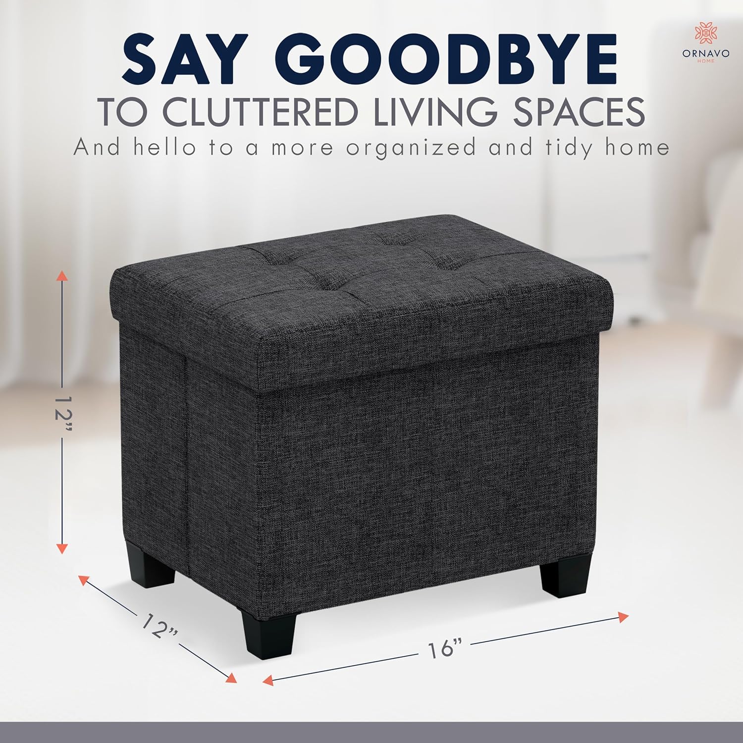 Ornavo Home Storage Ottoman Small Rectangle Ottoman with Legs, Foot Rest Stool Seat, Load up to 600 LB, for Living Room, Bedroom, Home Office, Dorm - 12 x 16 x 12, Black