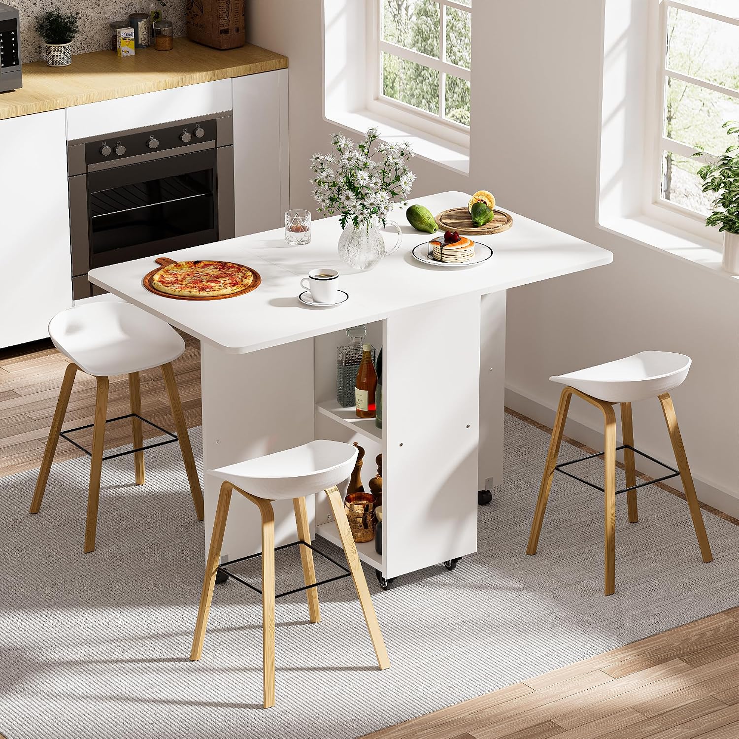 Folding Dining Table with Wheels Top Drop Leaf Table 120x70cm for 4-6 people with Cabinet and Open Shelf for Kitchen, Dining Room White