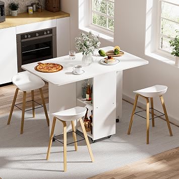 Folding Dining Table with Wheels Top Drop Leaf Table 120x70cm for 4-6 people with Cabinet and Open Shelf for Kitchen, Dining Room White