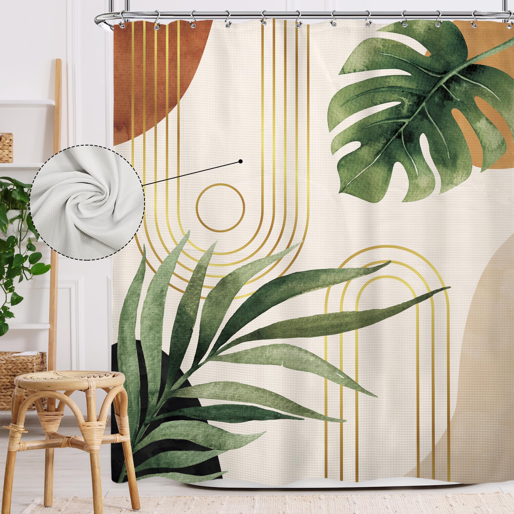Glawry Waffle Boho Green Shower Curtain Thick Weighted Heavy Duty Abstract Mid Century Tropical Palm Leaf Modern Bathroom 72Wx72L Inches Bath