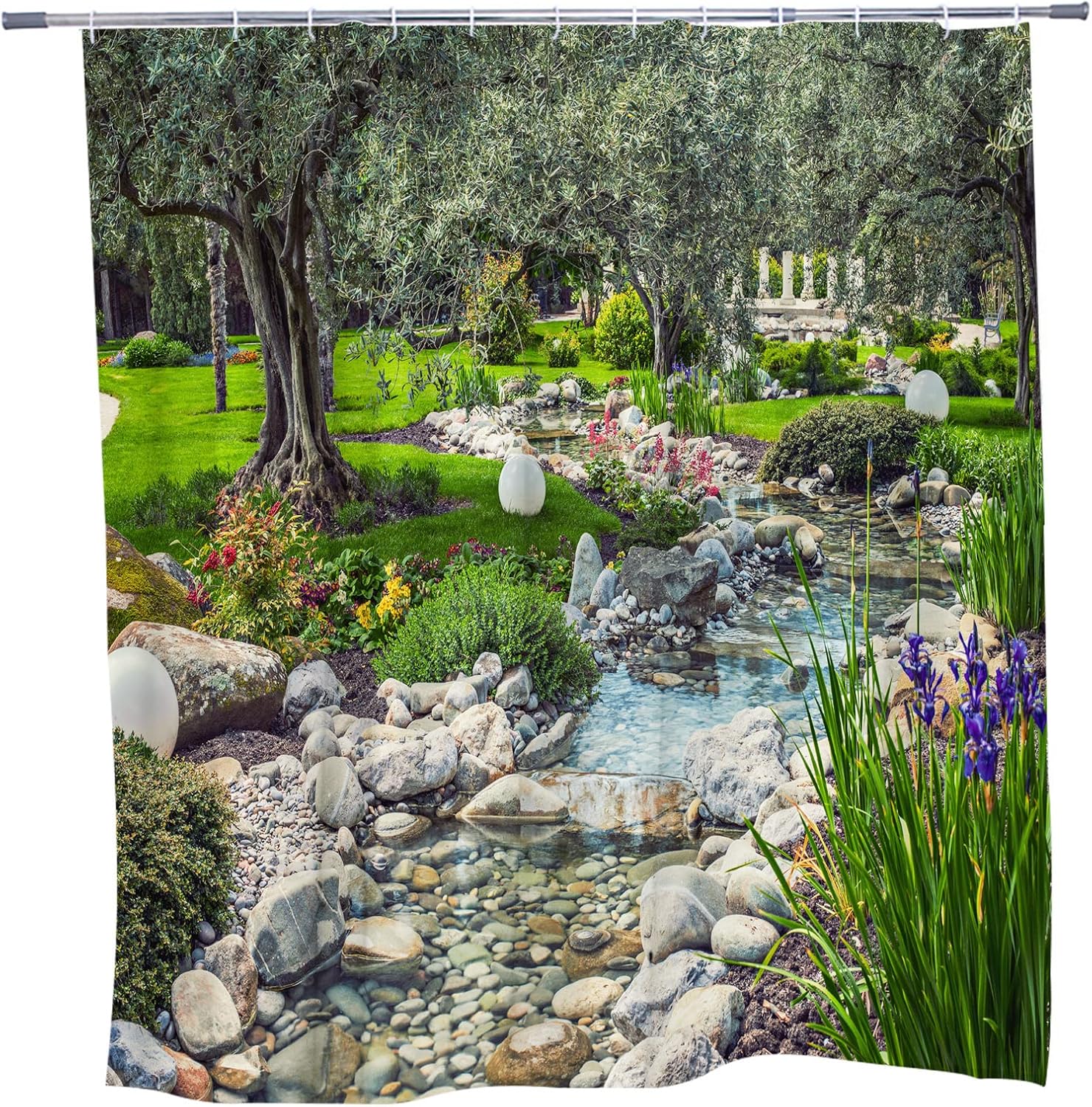 Garden Shower Curtain Green Plants Landscape Bathroom Curtains Spring Colorful Flowers Nature Scenery Rustic Floral Stream Country Bathtub Decor with Hooks 108 x 70 inch