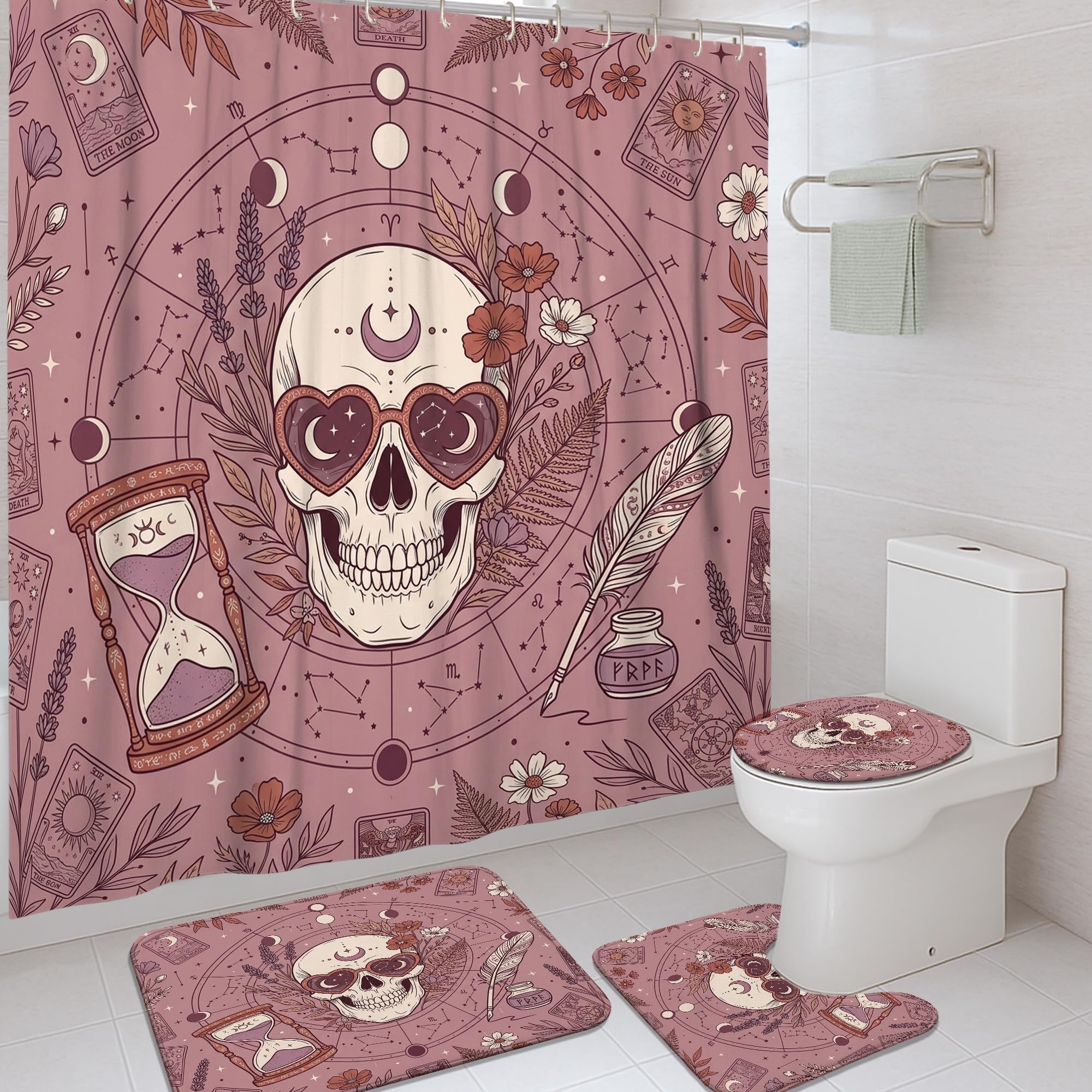 Rideau de douche motif tête de mort bohème 183x183 cm avec tapis lavable