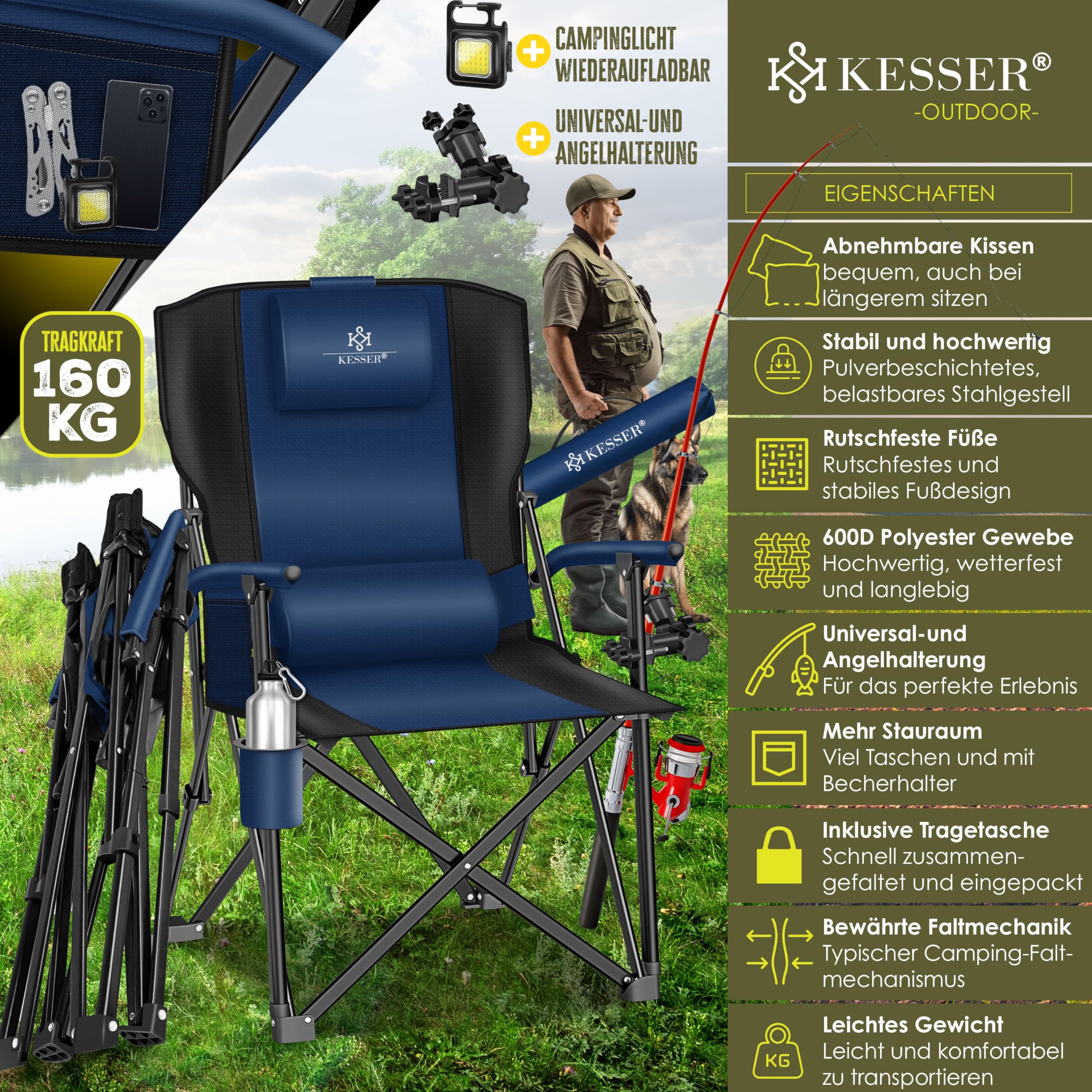 KESSER® Sedia da Campeggio Pieghevole fino a 160 kg, Imbottita con Braccioli, Luce da Campeggio, Portabicchieri, Borsa con Schienale Alto, con Porta Canne da Pesca, Navy Blue/Nero