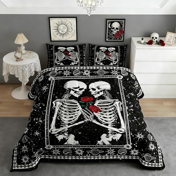 Skull 3 Pieces Queen Size Comforter Set,Kissing Lovers Skeleton Sugar Skull Down Alternative Adults Bedroom Decor,Starry Galaxy Constellation Ultra Soft Microfiber Inner Fill 3Pcs Bedding