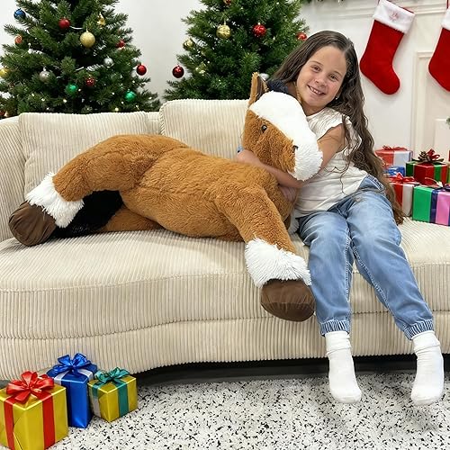 Miniatura 2 de Tezituor Animales de peluche de caballo marrón oscuro de 4 pies, juguetes de peluche realistas de 47 pulgadas para montar a caballo, abrazar,