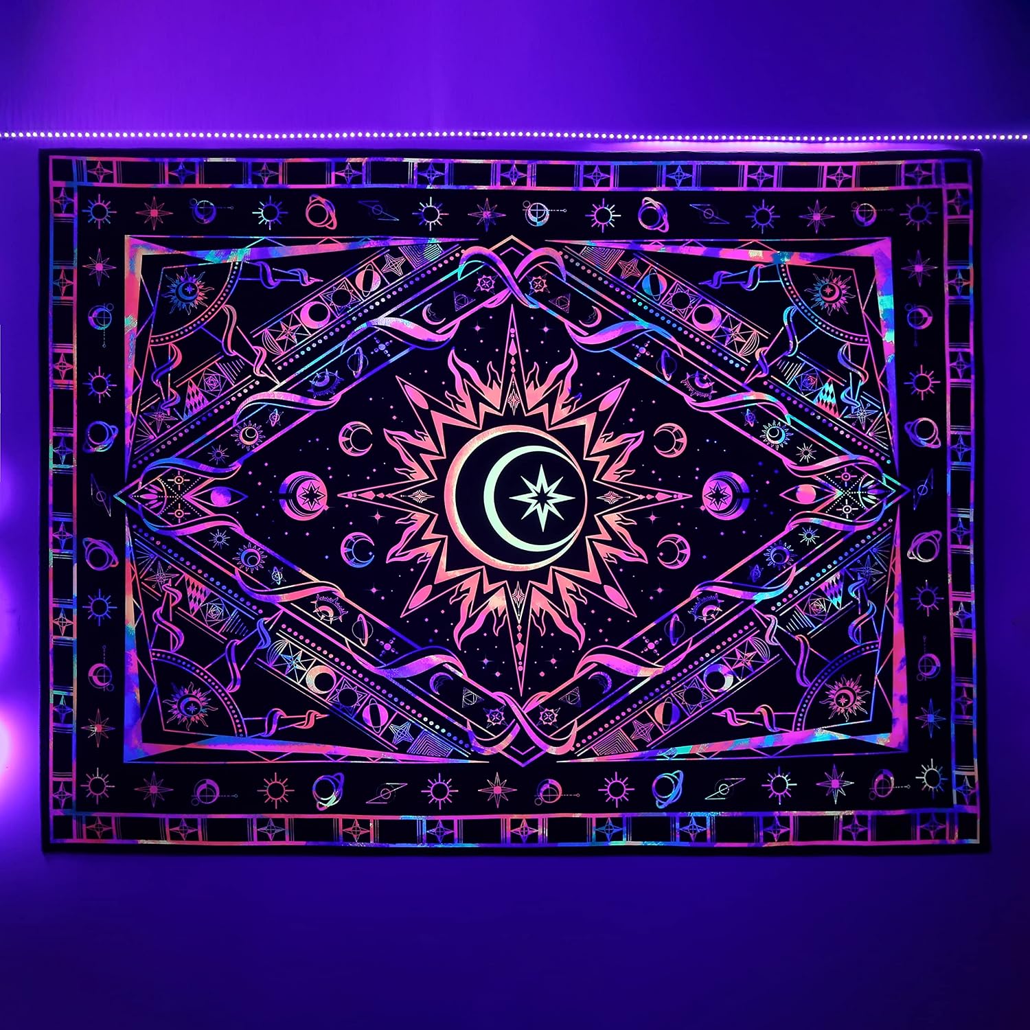 Ralxion Tapestry for Bedroom Aesthetic Room Decor Wall Tapestry Blacklight Tapestry UV Reactive Black Light Posters Colorful Wall Art Glow in the Dark Boho Tapestry Burning Sun Trippy Tapestries 48" x 36"