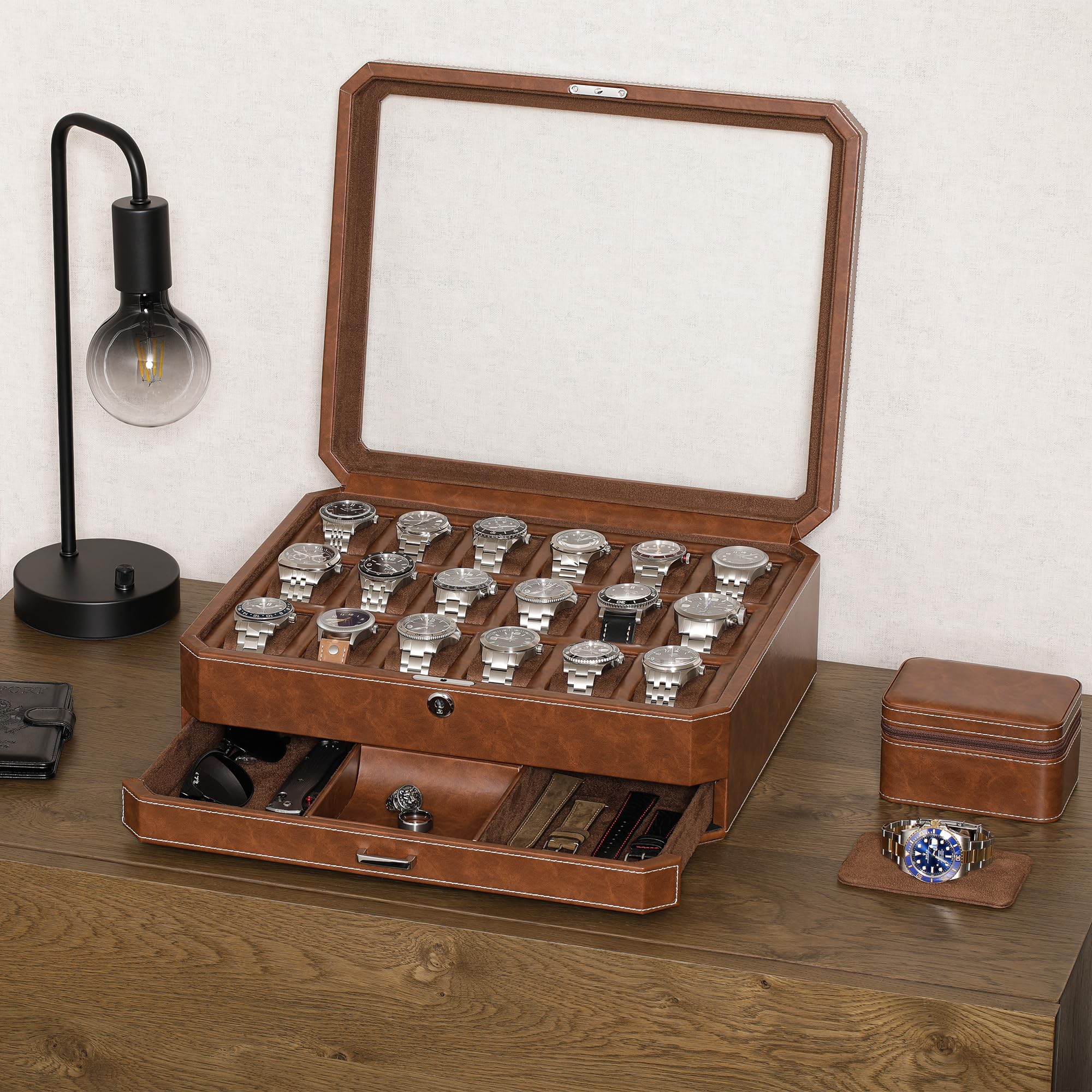 ROTHWELL Scatola per 18 orologi con cassetto accessori (marrone chiaro/marrone)