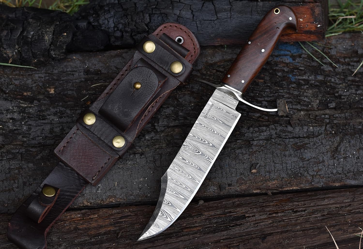13-inch Bowie Knife, Full Tang Fixed Blade, Wood Handle Damascus Steel Hunting Knife with Scout Horizontal Carry Leather Sheath for Camping, Hiking, Survival (Walnut Wood)