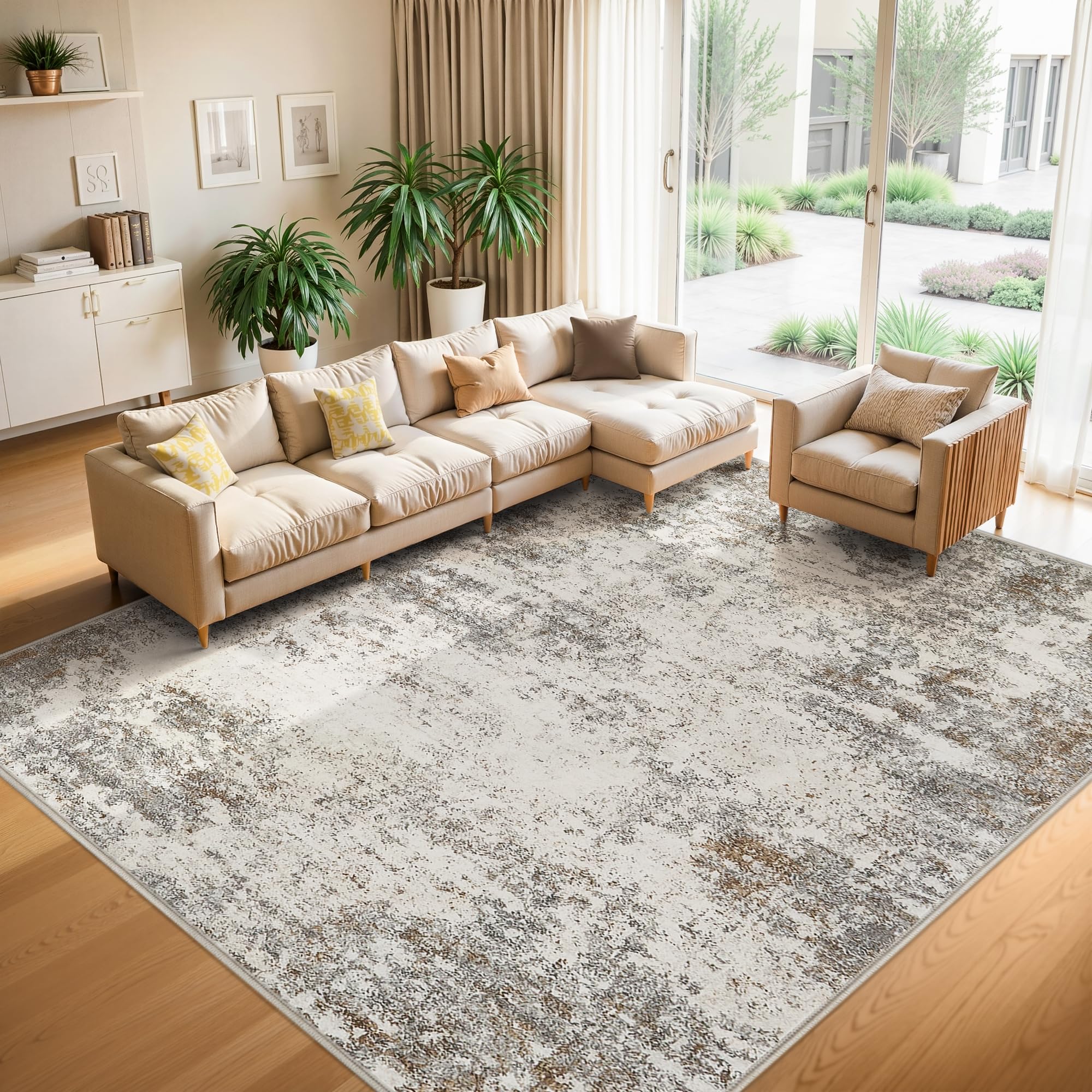 area rugs 9x12 living room - modern abstract large rugs for living room non-slip low pile soft machine washable carpet for bedroom, under dining table, nursery, farmhouse (9'x12' brown grey)