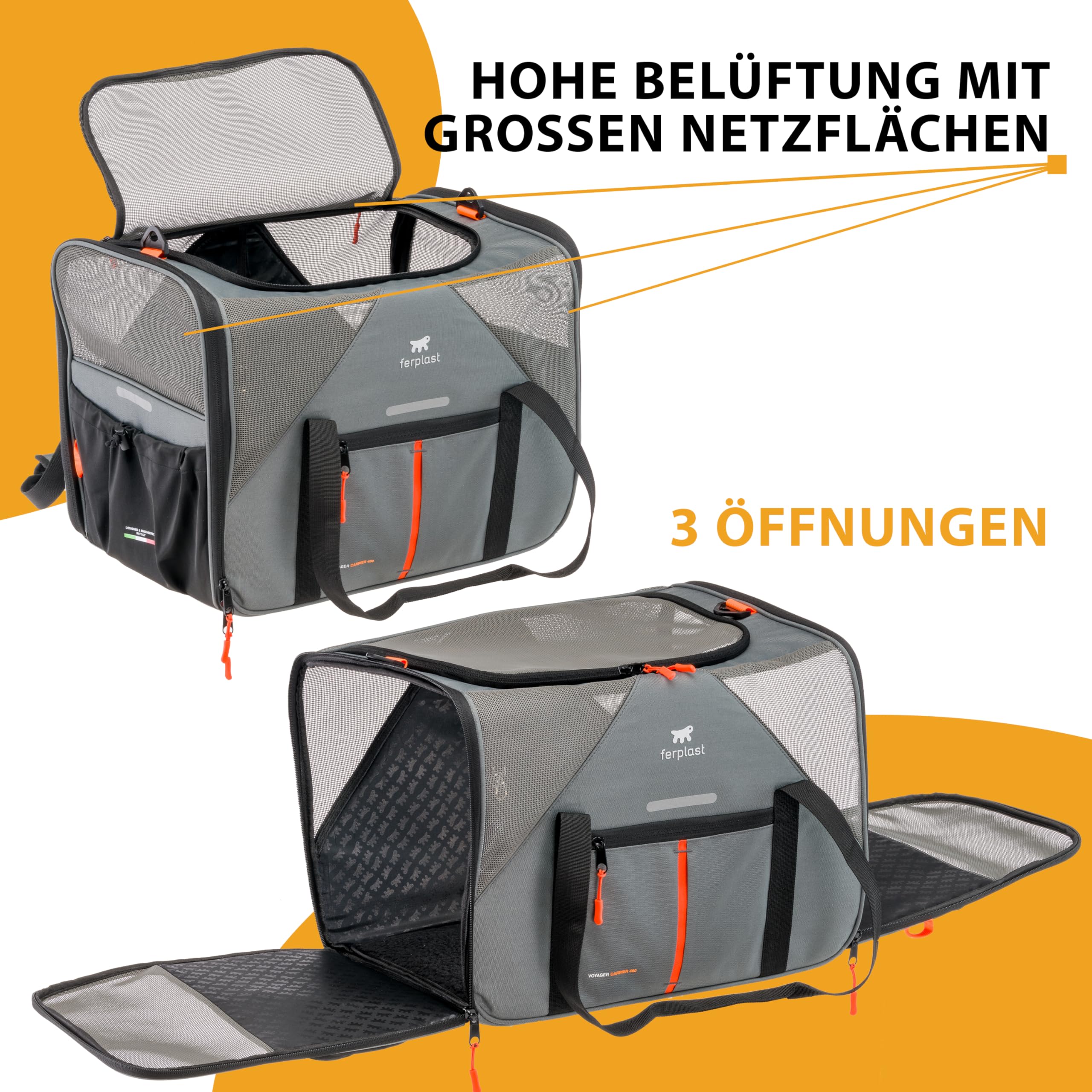 Ferplast Hundebox Voyager Carrier, Transportbox Katze, Hundetasche, verstellbare Griffe und Schultergurt, Sicherheitsgurt, beidseitige Öffnung, mit Kissen, max. 15 kg, 50 x 35 x 37 h cm, Grau