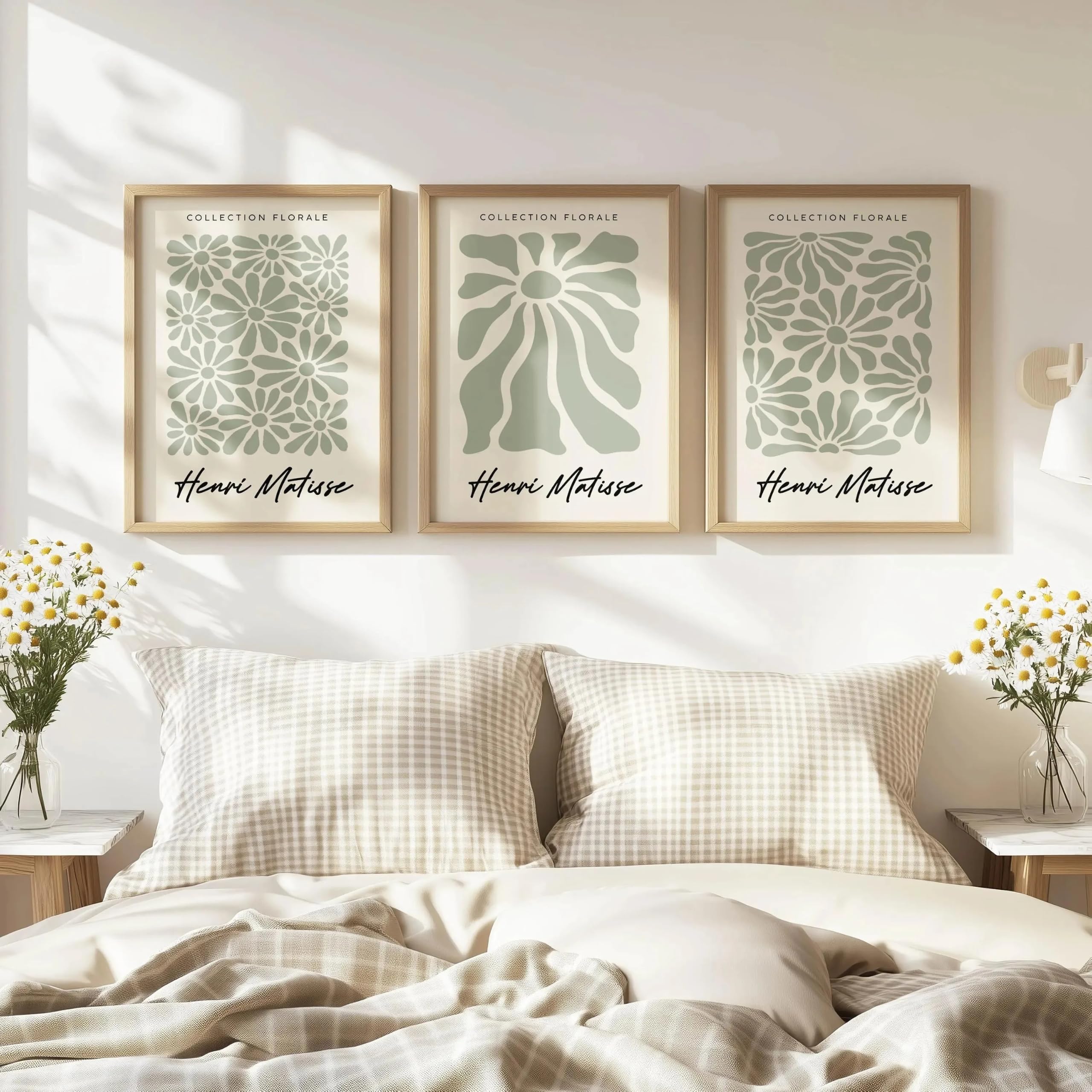 Gosrd Frameless Canvas Print Art Three Sage Green Prints By Henri Matisse Modern Flower Exhibition Poster Home Decor(60X90cm-3Pcs)