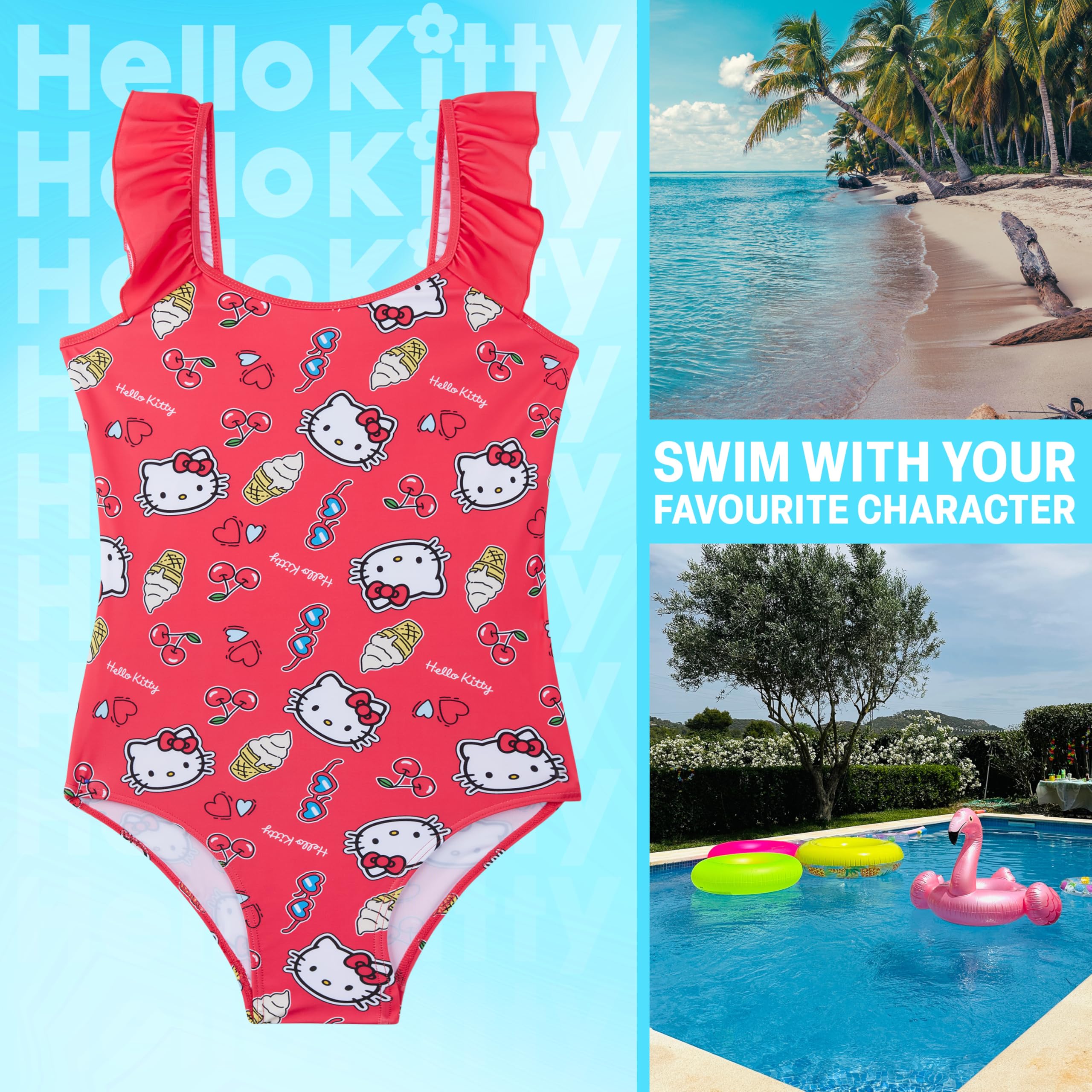 Hello Kitty Sanrio | Disney Stitch Bañador Niña UPF 50+, Bañadores Una Pieza con Volantes, Traje de Baño Verano Piscina Playa