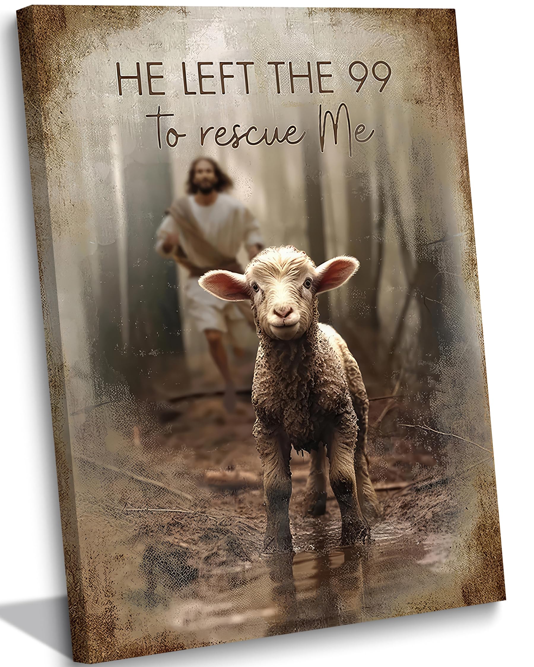 Framed Jesus Saves the Lost Lambs Canvas Wall Art Jesus Leaves 99 Sheep Picture Wall Decoration Christian Poster Print Suitable for Living Room Bedroom Church Home Decor Painting16x24in — image 1
