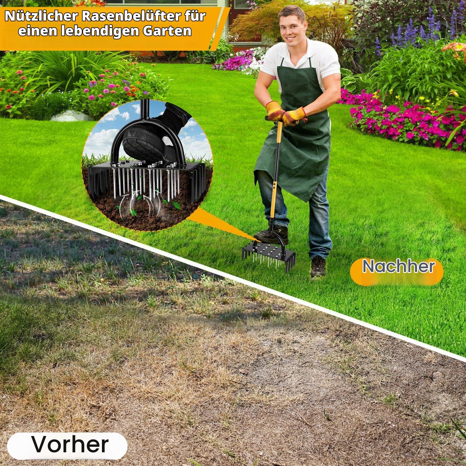 2-in-1 Rasenlüfter,Aerifizierer für Rasen,Manuell Rasenbelüfter mit 24 Eisenspikes,Heavy Duty Handvertikutierer Rasen Belüften für Verdichtete Böden,Bodenbelüftung,Rasenpflege-96CM