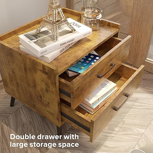 Miniatura 5 de Lonkwa Mesita de noche rosa con 2 cajones, mesas de noche modernas de mediados de siglo, mesa auxiliar minimalista y práctica, mesa auxiliar de