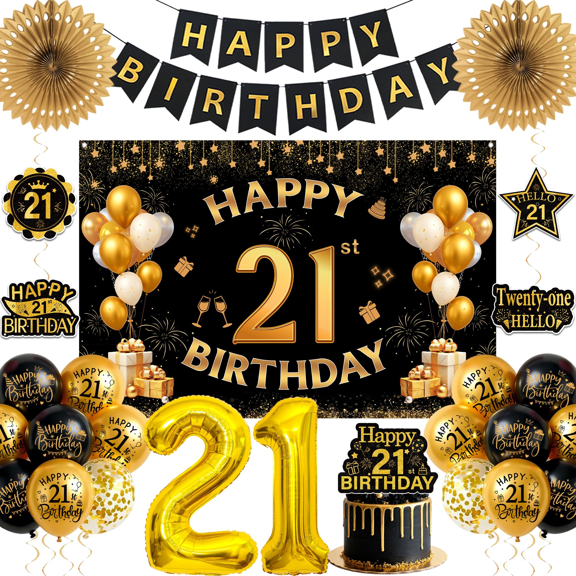 21st Birthday Decorations, 41pcs Black Gold Happy 21st Birthday Decor