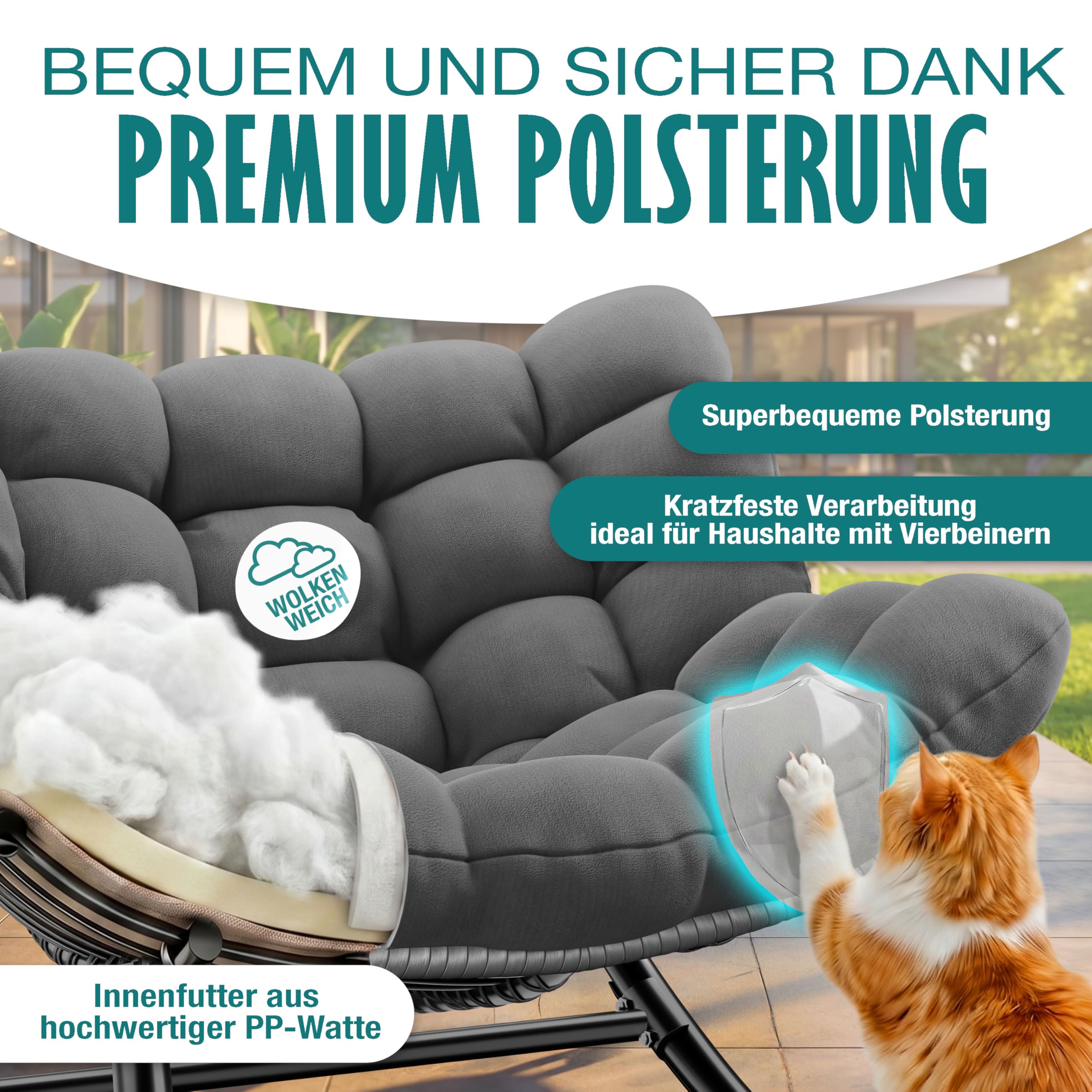 KESSER® Sedia a dondolo XXL per esterni, ergonomica, con imbottitura, per interni ed esterni, per giardino, balcone, sedia da giardino resistente alle intemperie, antiscivolo, fino a 150 kg, antracite