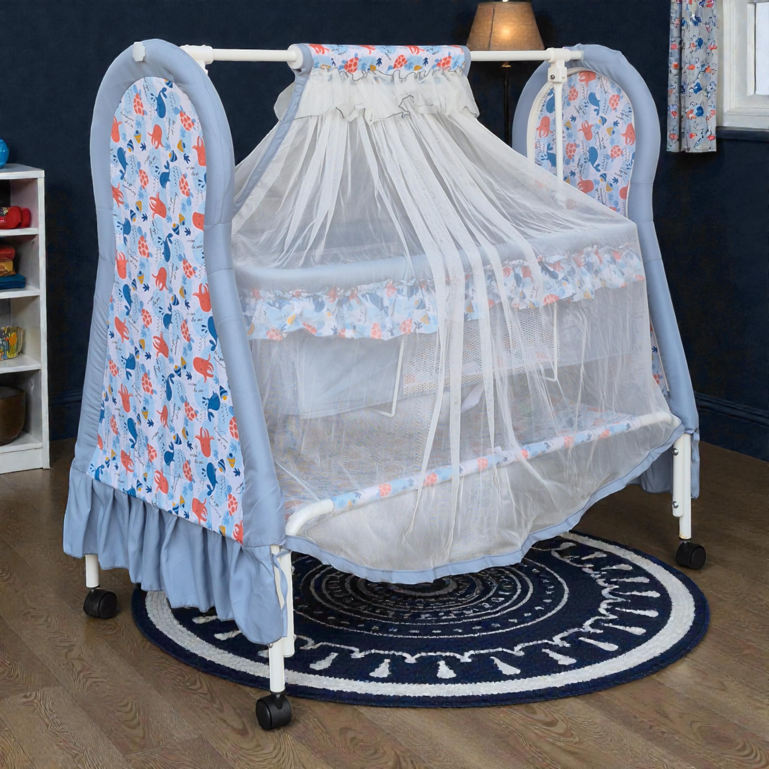 kiddery apollo baby cradle (grey) | newborn to 12 months | premium swing cradle with mosquito net, wheels & lock | strong metal frame | comfortable sleeping jhula