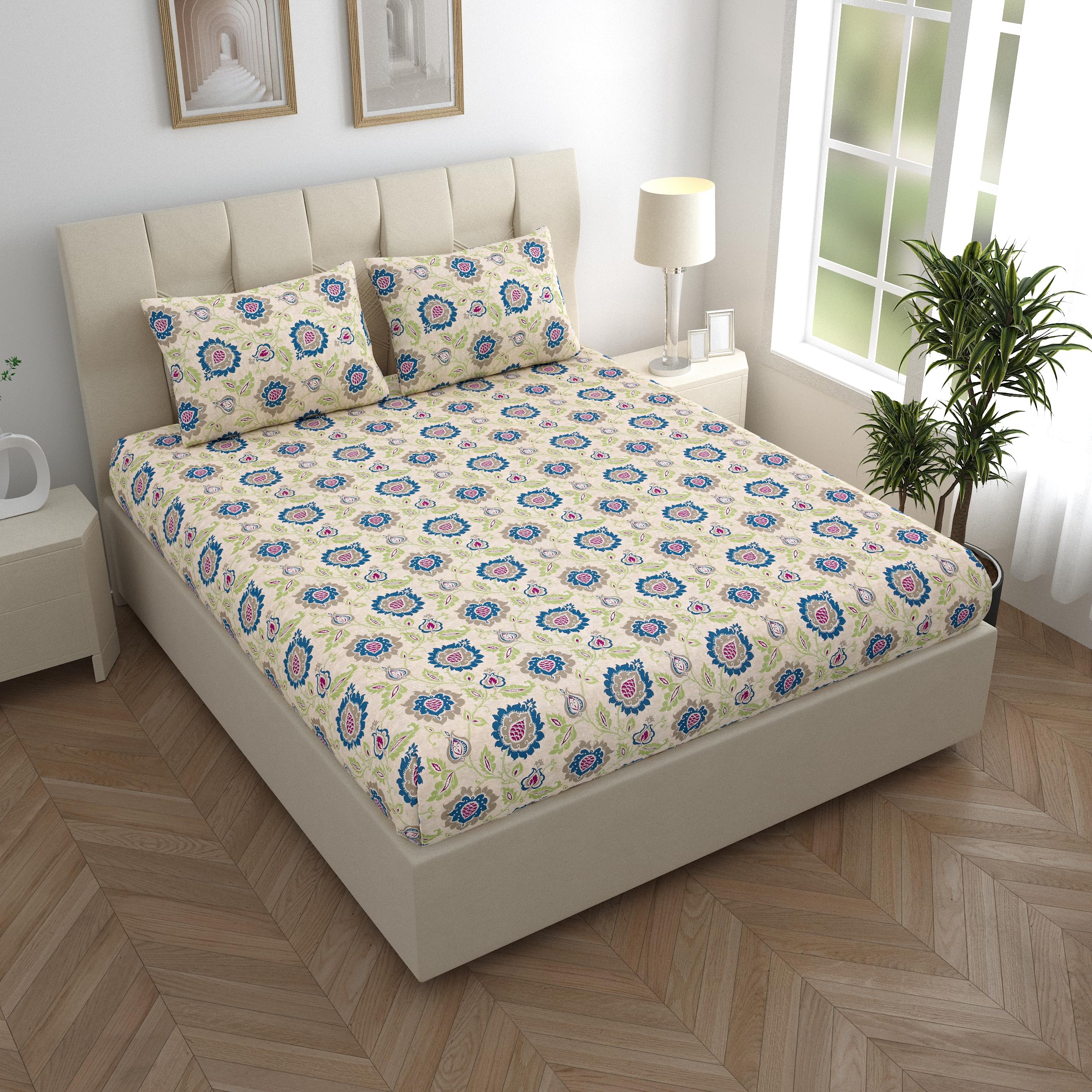 LINENWALAS Cotton Fitted Bed Sheet for King Size Bed, Printed All Around Elastic Bedsheet (72 x 78 Inches) with 2 Pillow Covers | 210 TC Soft, Breathable, Luxury Bedsheet , Blue Sapphire