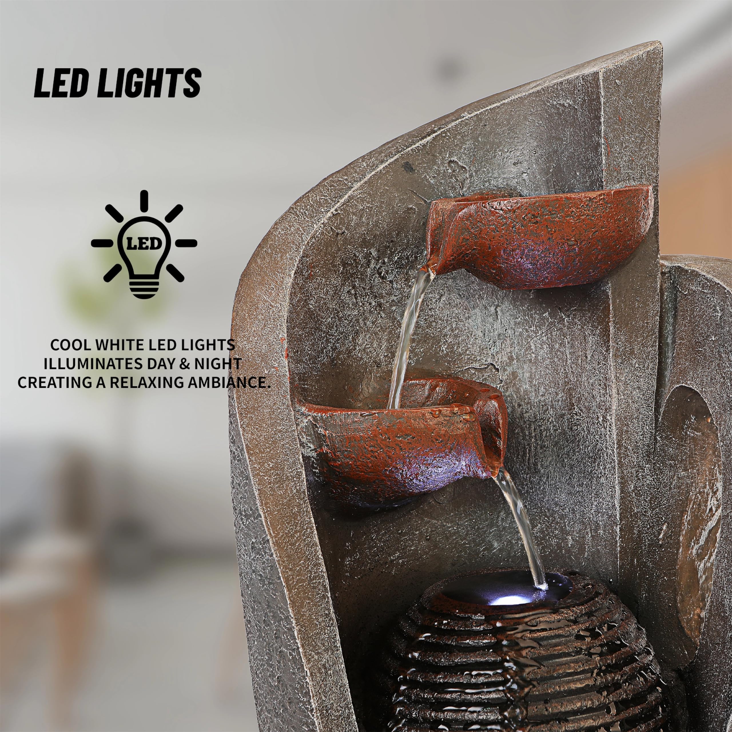 16 inch Waterfall Fountain Indoor-Tabletop Water Fountain-Outdoor Waterfall Spilling into pots Hung on monolithic Water Wall-with LED Lights-Soothing Indoor Waterfall Sounds from Water Machine