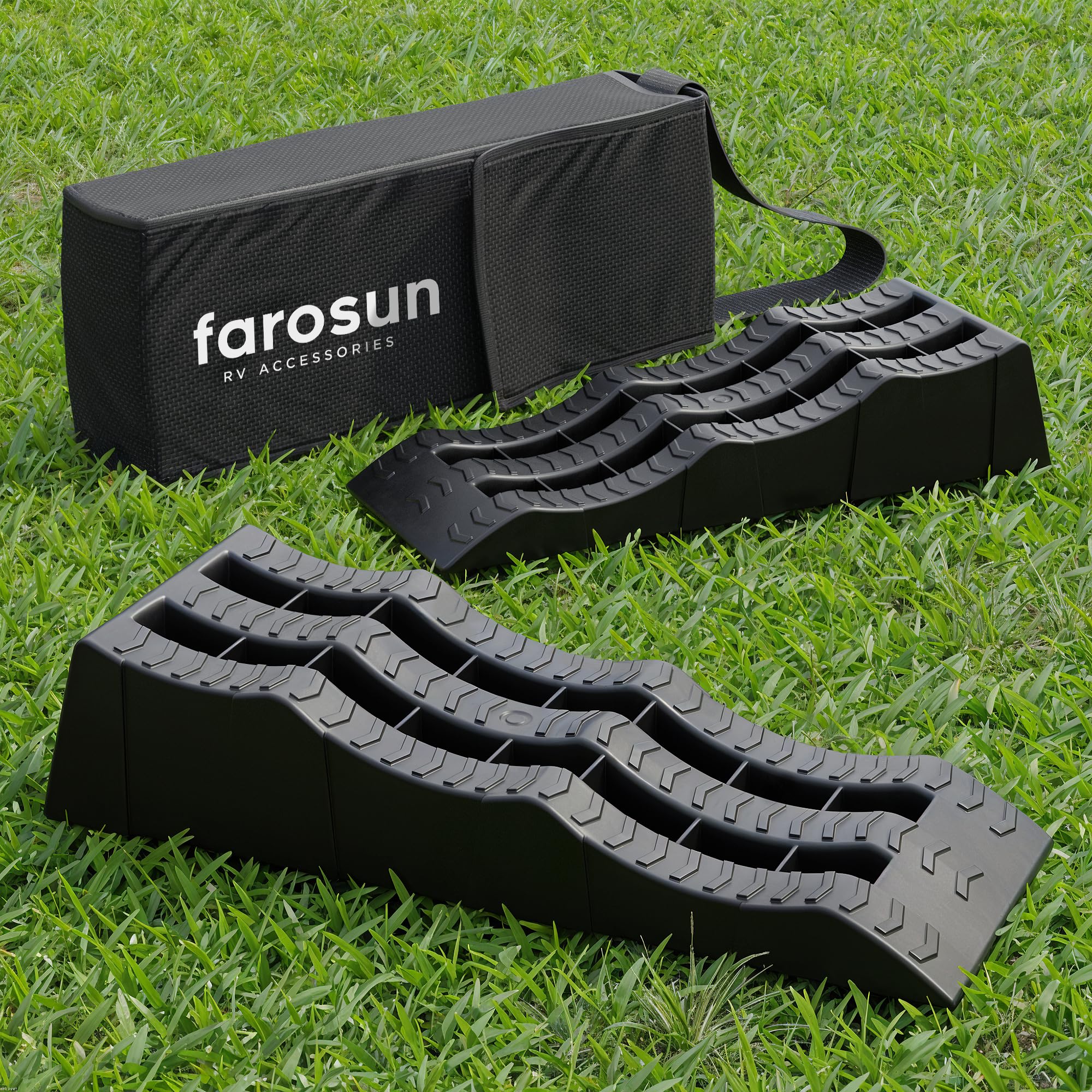 Farosun Stufen-Auffahrkeile für Wohnmobile & Camper – 2er-Set mit 3 Höhen (4/7/10 cm), Anti-Rutsch Gummistreifen & Tragetasche – 60,5×21×12 cm, 5000 kg Tragkraft