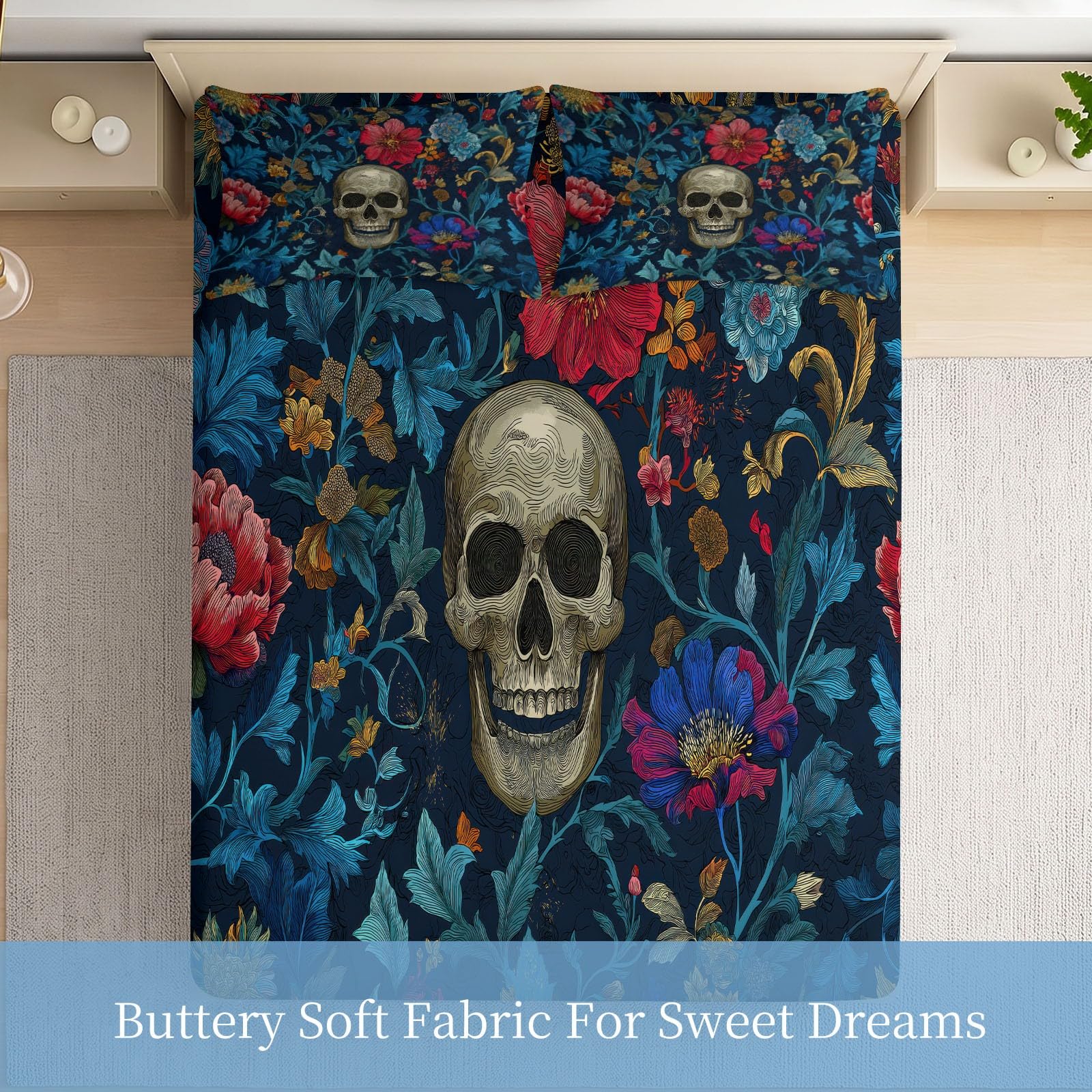 Juego de sábanas bajeras ajustables de 3 piezas, 140 x 200 cm, diseño de calavera, de microfibra, color azul gótico, suave y agradable a la piel, transpirable, hipoalergénica, para colchones de hasta