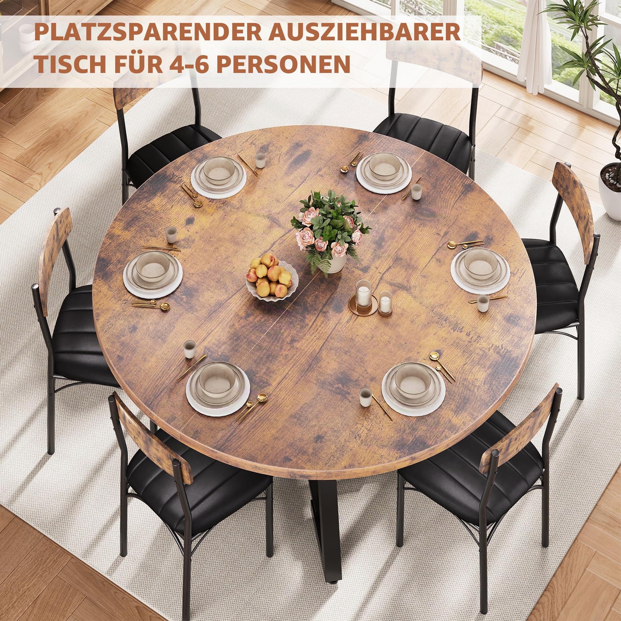 Jocoevol Ausziehbarer Esstisch 110-145 cm für 4, 6 oder 8 Personen,Runder Esszimmertisch mit abnehmbarem Einlegeblatt und Ablagefach,Erweiterbarer ovaler Küchentisch mit Mittelsäulenfuß (Jahrgang)