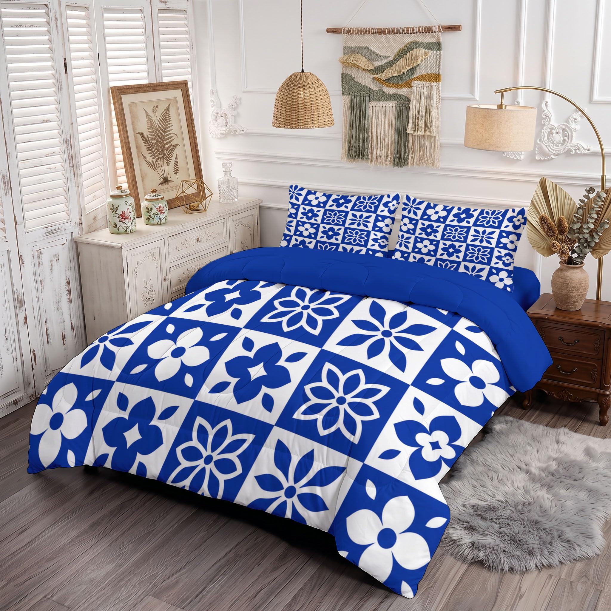 Piumone 2-In-1 Letto Matrimoniale 200X200 Cm Piastrelle Floreali Marocchine | Trapunta E Piumino Reversibile 4 Stagioni, Griglia Geometrica Per Piante, Copriletto Lavabile Morbido Leggero, Blu Navy