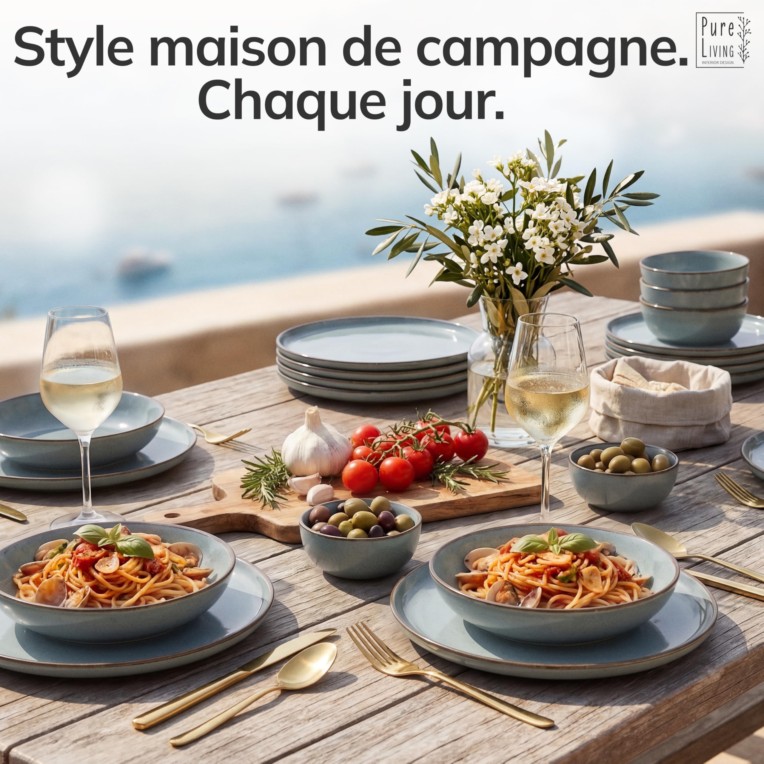 Assiettes creuses en grès Rustic - Lot de 6 - Vaisselle style maison de campagne Pure Living pour soupes, pâtes et salades - Passe au lave-vaisselle - Bleu fumé