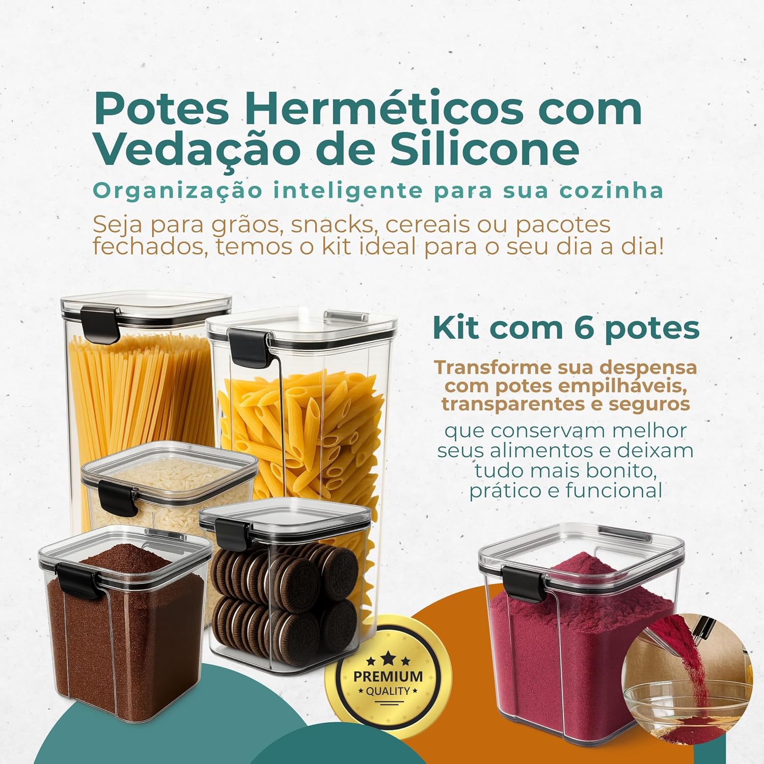 Kit 6 Potes Herméticos Organizadores de Alimentos BPA Free - Utensílios para Cozinha, Pote Hermético Empilhável para Armário, Porta Mantimentos com Vedação Segura Kit 6 Potes Herméticos Organizadores de Alimentos BPA Free - Utensílios para Cozinha, Pote Hermético Empilhável para Armário, Porta Mantimentos com Vedação Segura