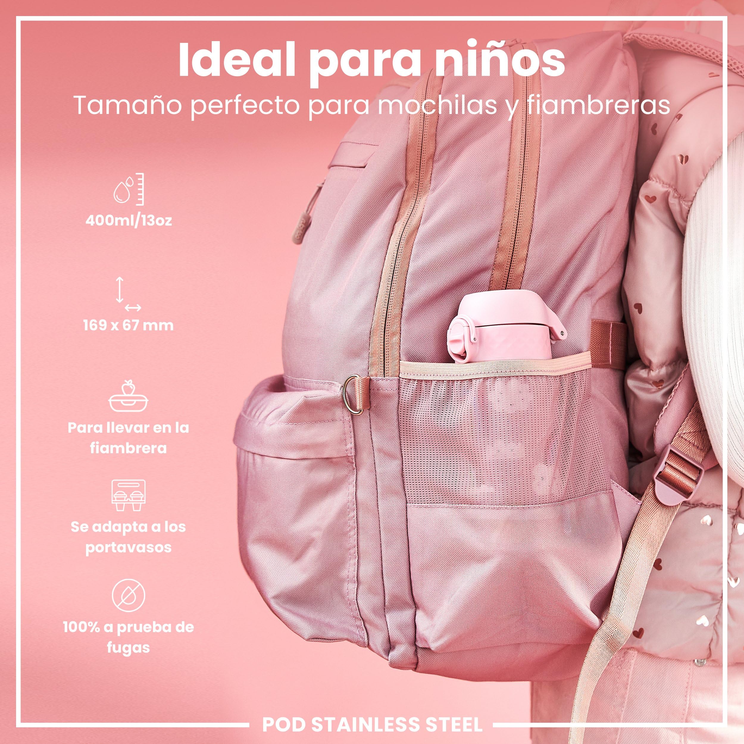 ion8 Botella Agua Inox Ligero para Niños, 400ml, Sin Aislamiento, a Prueba de Fugas, Fácil de Abrir, Cerradura Segura, Apta para Lavavajillas, Tapa Abatible, Fácil de Limpiar, Arcoíris