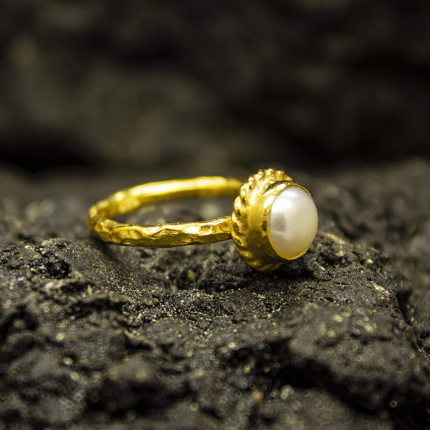 Pellada Natural White Pearl Ring | 925 Sterling Silver 24K Gold Plated | Birthstone Ring | Freshwater Pearl Ring | Stacking Gemstone Ring