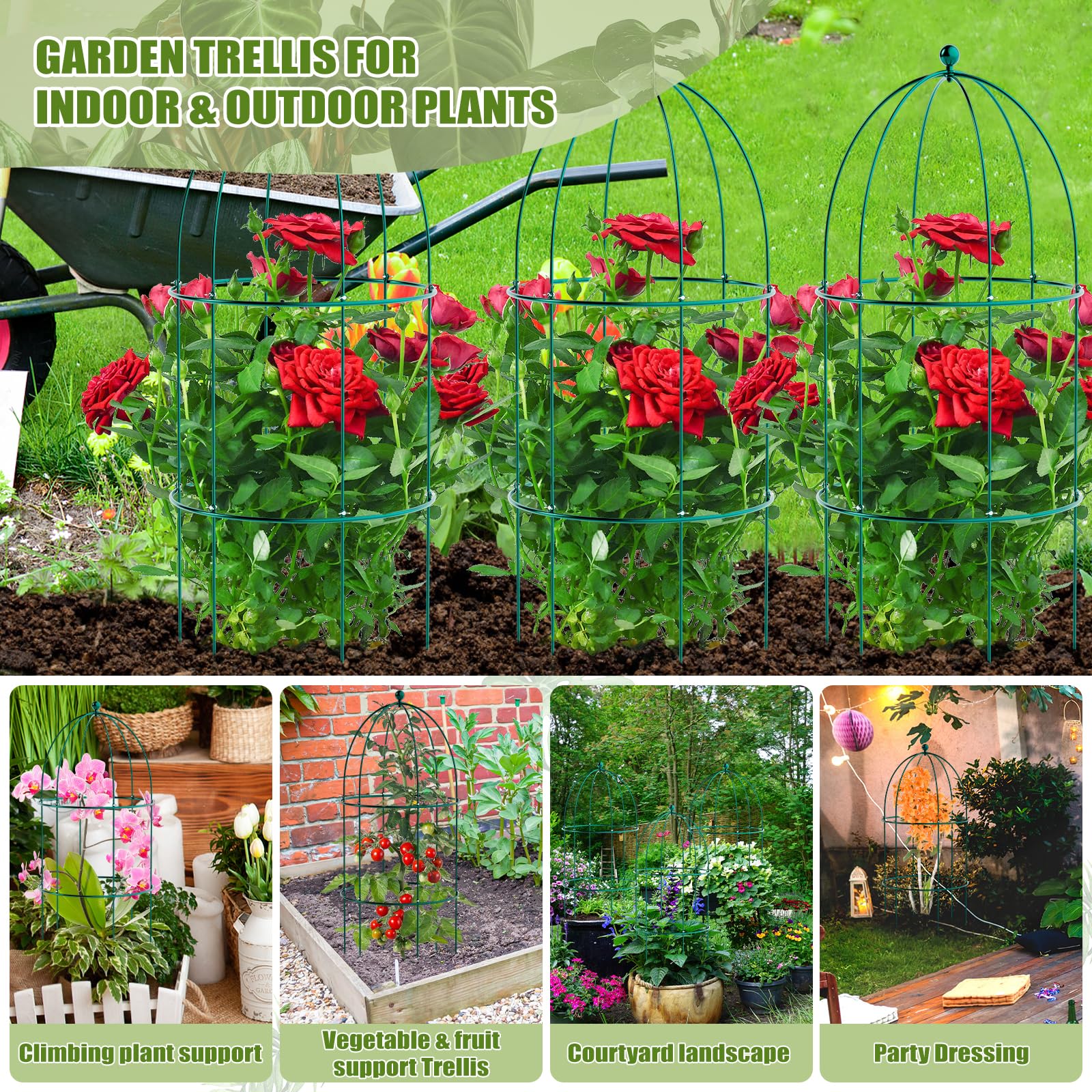 DoCred 3 Pack Plant Support Cage Large Peony Cages and Supports Peony Cage Obelisk Trellis for Climbing Plants Tomato Cages Plant Supports for Outdoor Plants Garden Decor, Green