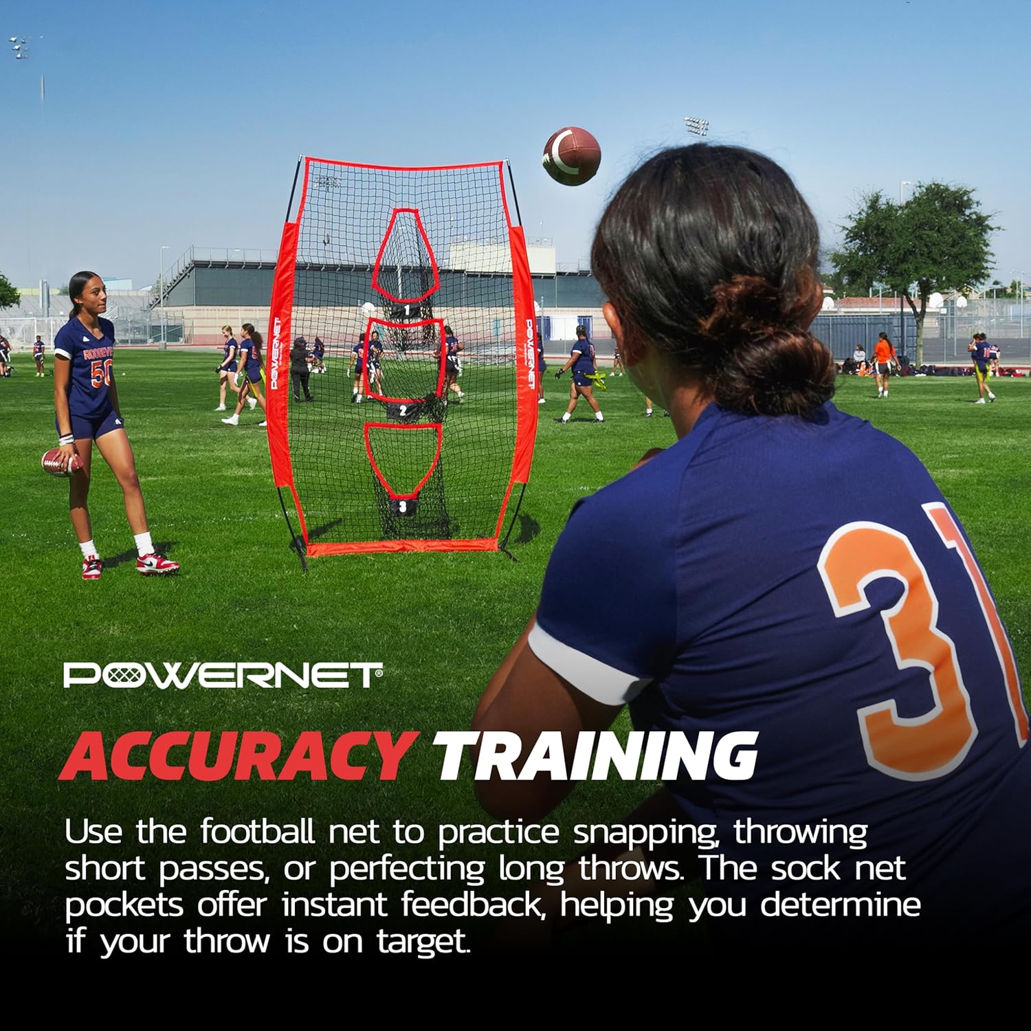 PowerNet Lacrosse & Football Passing Net, 4 x 8 FT Portable 3 Target Pocket Throwing Trainer, Football Training Equipment to Improve QB Accuracy, Throwing Net & Kicking Practice Equipment