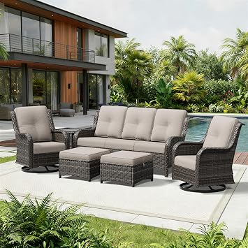 Joyside 6 Piece Wicker Patio Furniture Set, Outdoor Swivel Rocker Patio Chairs with High Back, Deep Seating, Wide Armrest, Thickened Cushions, Outdoor Furniture for Deck, Porch Use