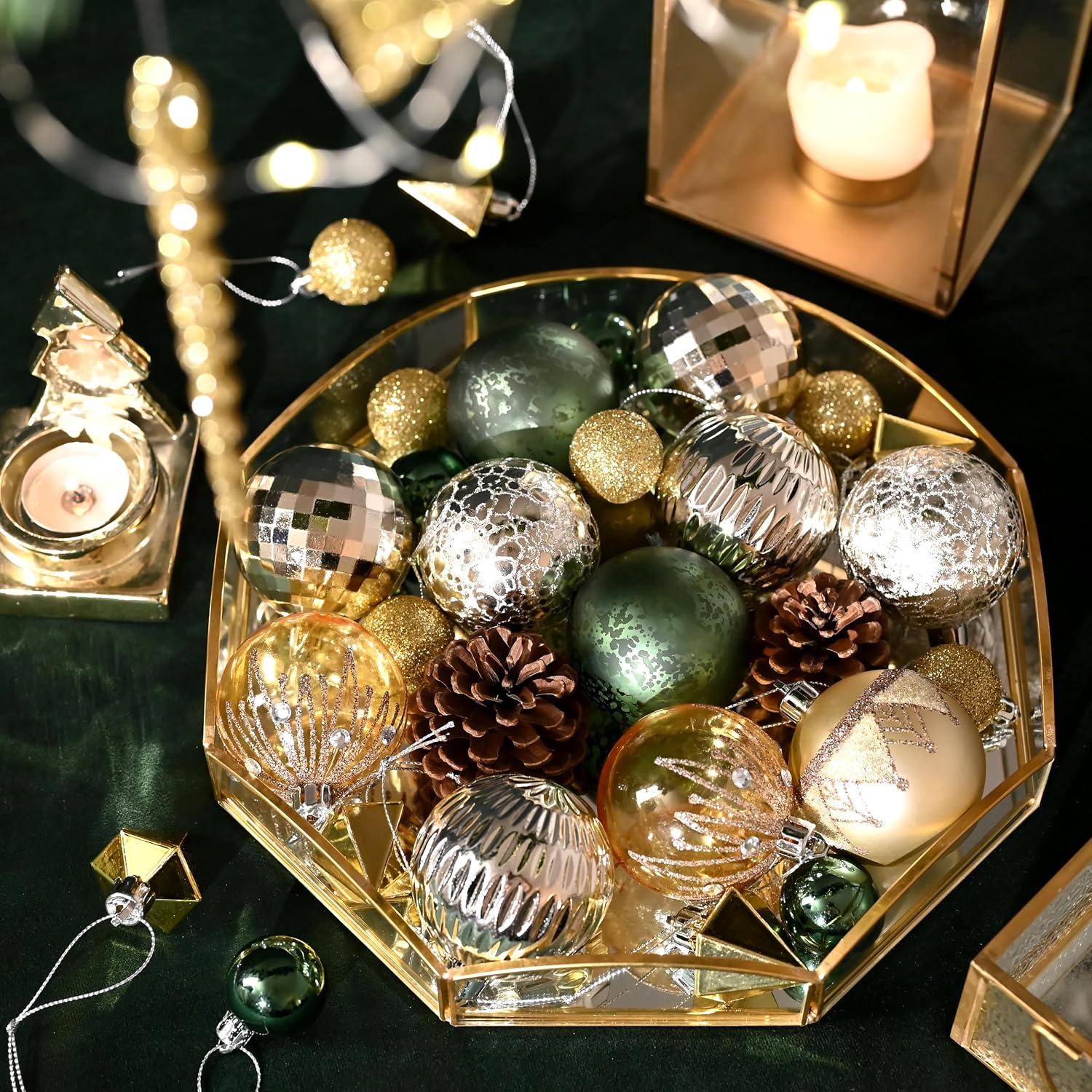 DecorbyHannah Christmas Tree Ornaments Set, 50ct Emerald Green Gold Christmas Ornaments for Tree Decorations, Assorted Shatterproof Plastic Hanging Ball Bulk for Xmas Holiday Indoor Party Decor