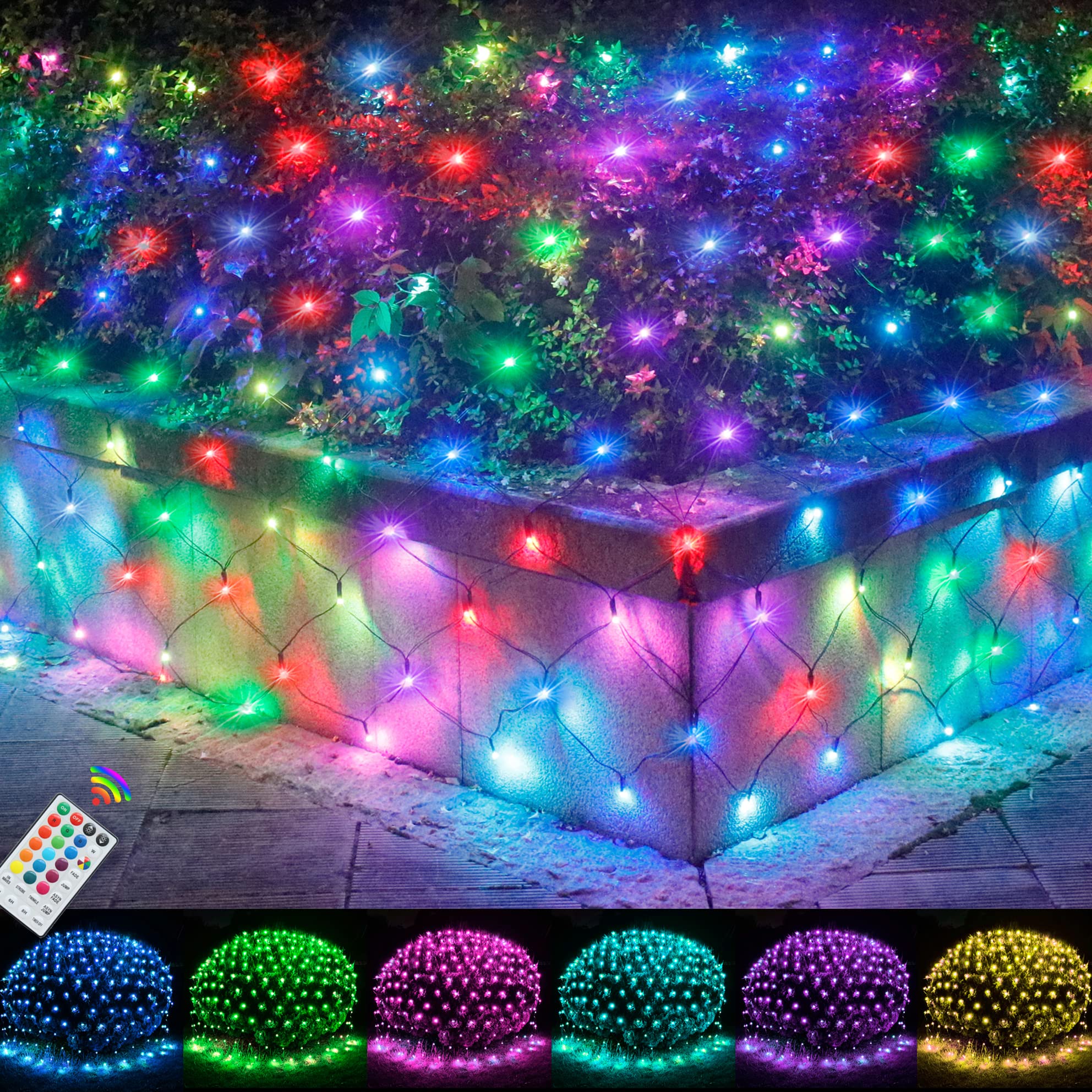 ObrecisChristmas Outdoor Net Lights, 204 LED 18 Color Changing Mesh Lights, 9.8 ft x 6.6 ft Waterproof Connectable Multicolored Fairy String Lights for Bushes Xmas Tree Wedding Party Home Decor