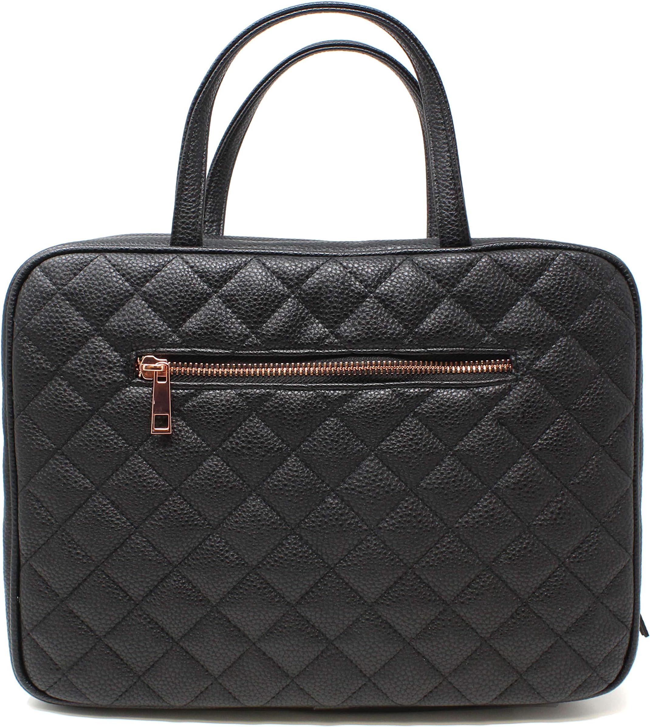 Leather Toiletry Travel Bag for Women - Large Cosmetic Size with 4 Pockets - Rose Gold Hardware and Satin Interior - Black