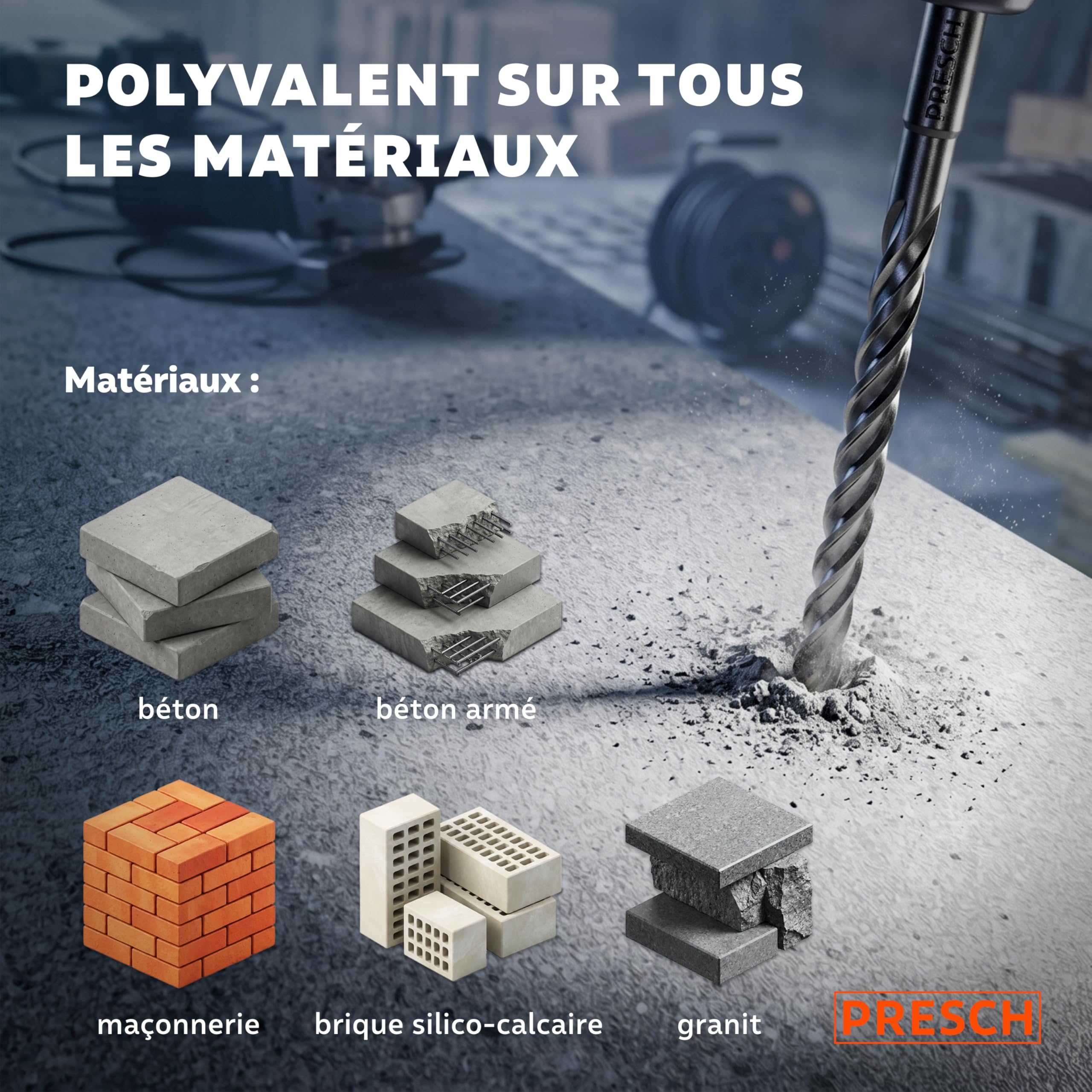 PRESCH Forets Béton SDS plus 10mm (10 pcs) – Mèche béton armé et pierre à 4 taillants carbure – Indicateur de profondeur de perçage – Foret SDS Plus robuste pour granit, brique et maçonnerie
