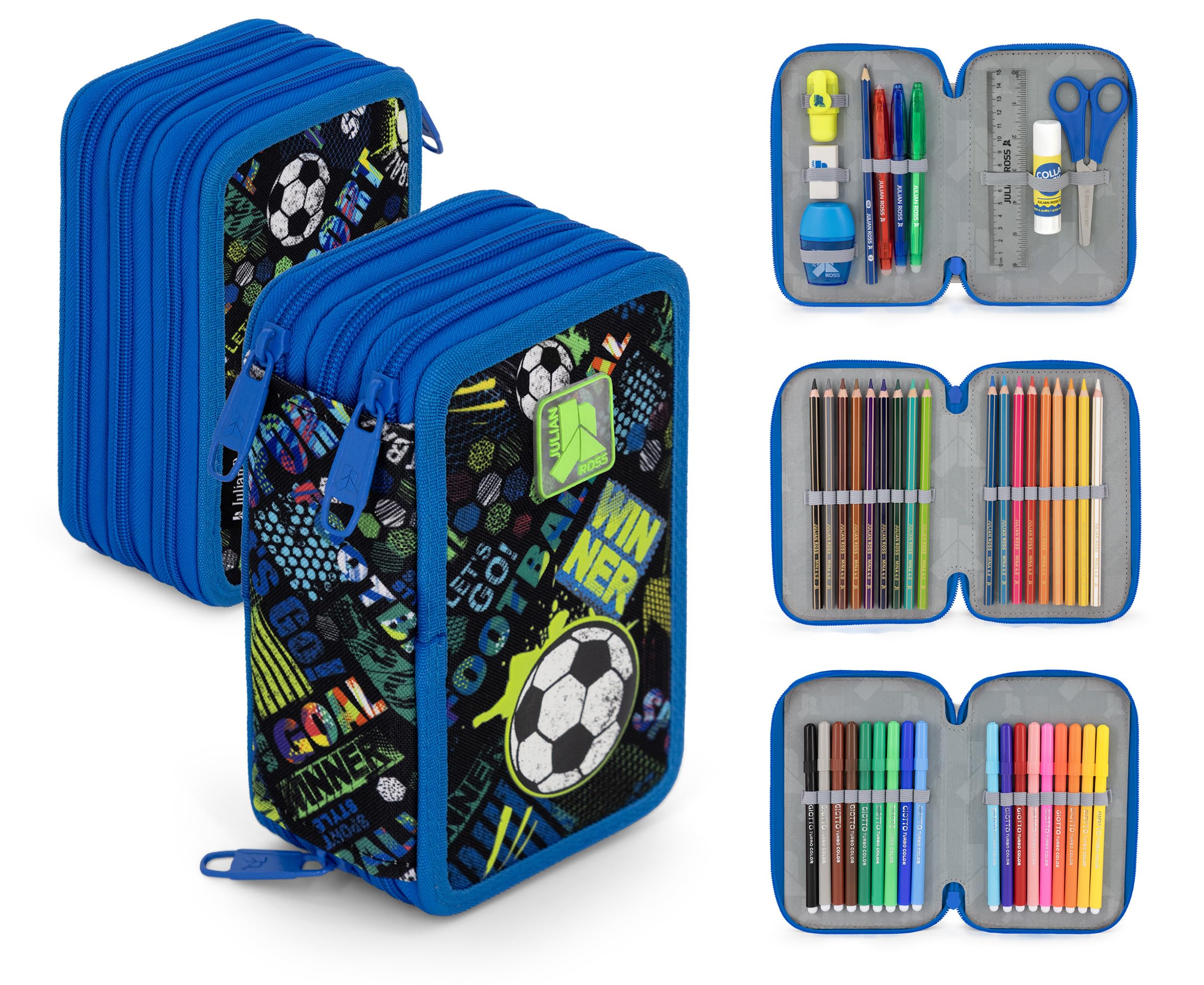 Pack Rentrée Scolaire Garçon Motif 5 Pièces - Sac à Dos École Primaire, Trousse Garnie 3 Compartiments, Gourde Isotherme, Agenda et Trousse Ronde - Kit Complet CP-CM2 (6-11 Ans) Goal Power