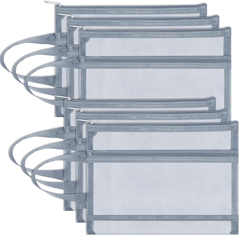 Fassave Pacote com 6 necessaires de malha com zíper, nylon de camada dupla e alça, cinza, A4