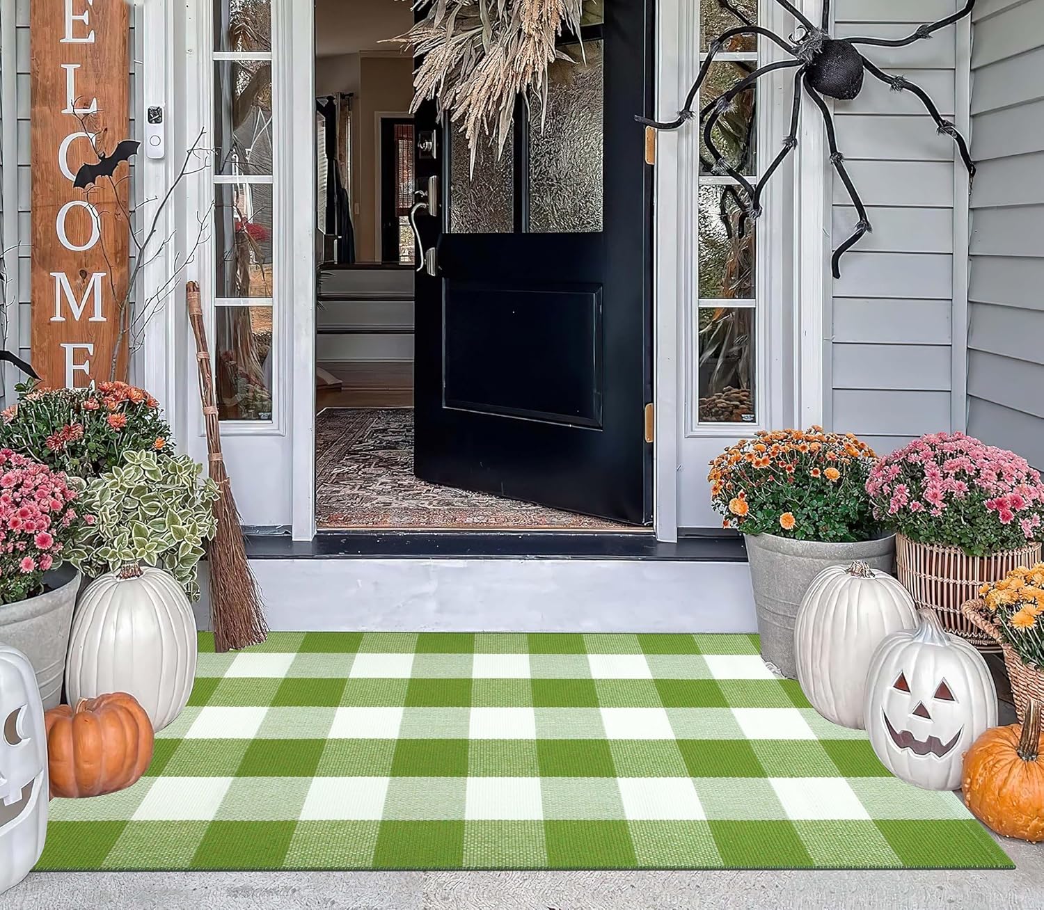 Buffalo Plaid Outdoor Rug 27.5''x 43.3''Green and White Checkered Rug Cotton Machine Washable Farmhouse Mat for Outdoor, Kitchen, Farmhouse, Entryway,Bathroom