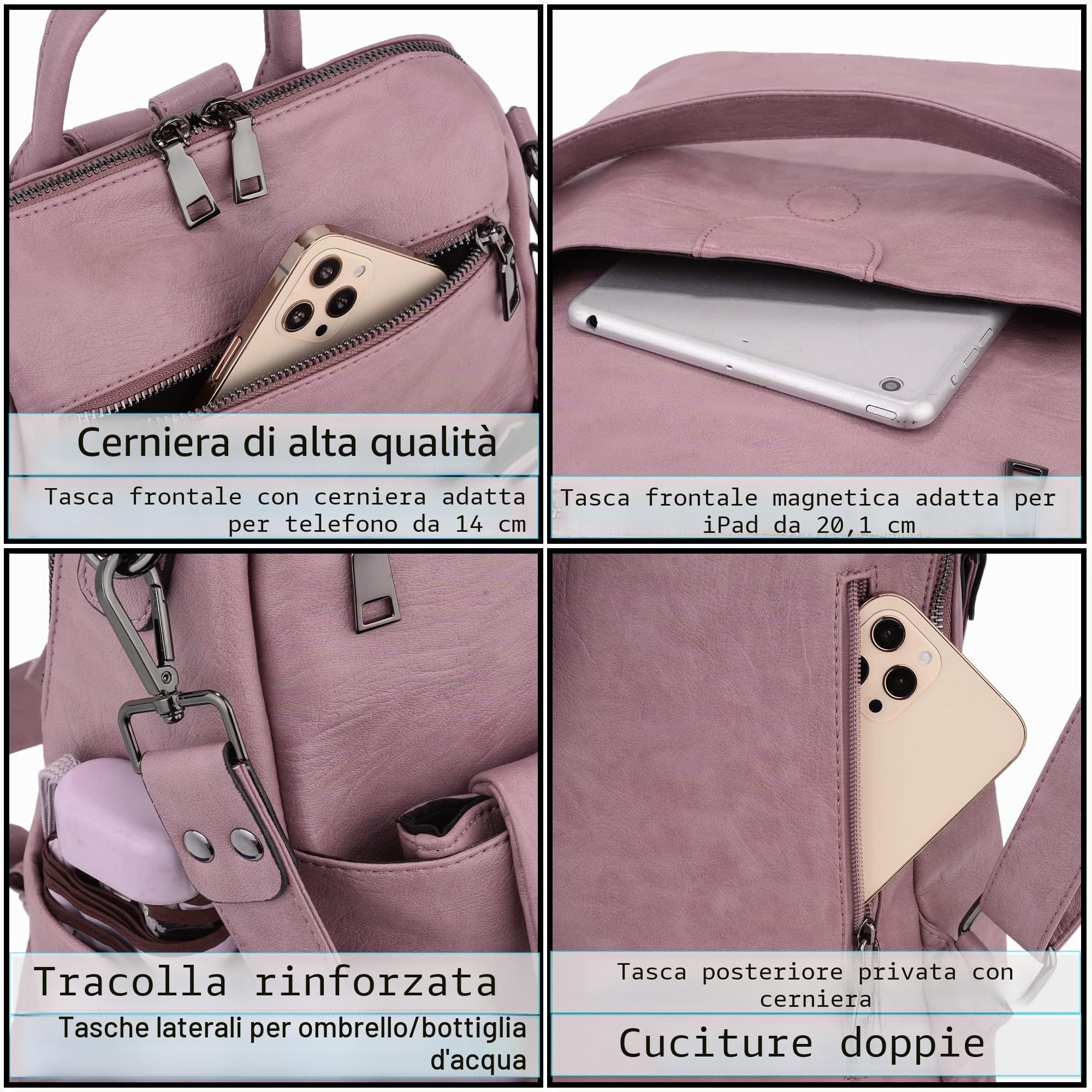 UTO Donna Zaino Scuola Nero + Piccola Borsa a Tracolla per Utilizzato Insieme o Separatamente fare la spesa o da viaggio Pelle Lavato Sintetica Nero