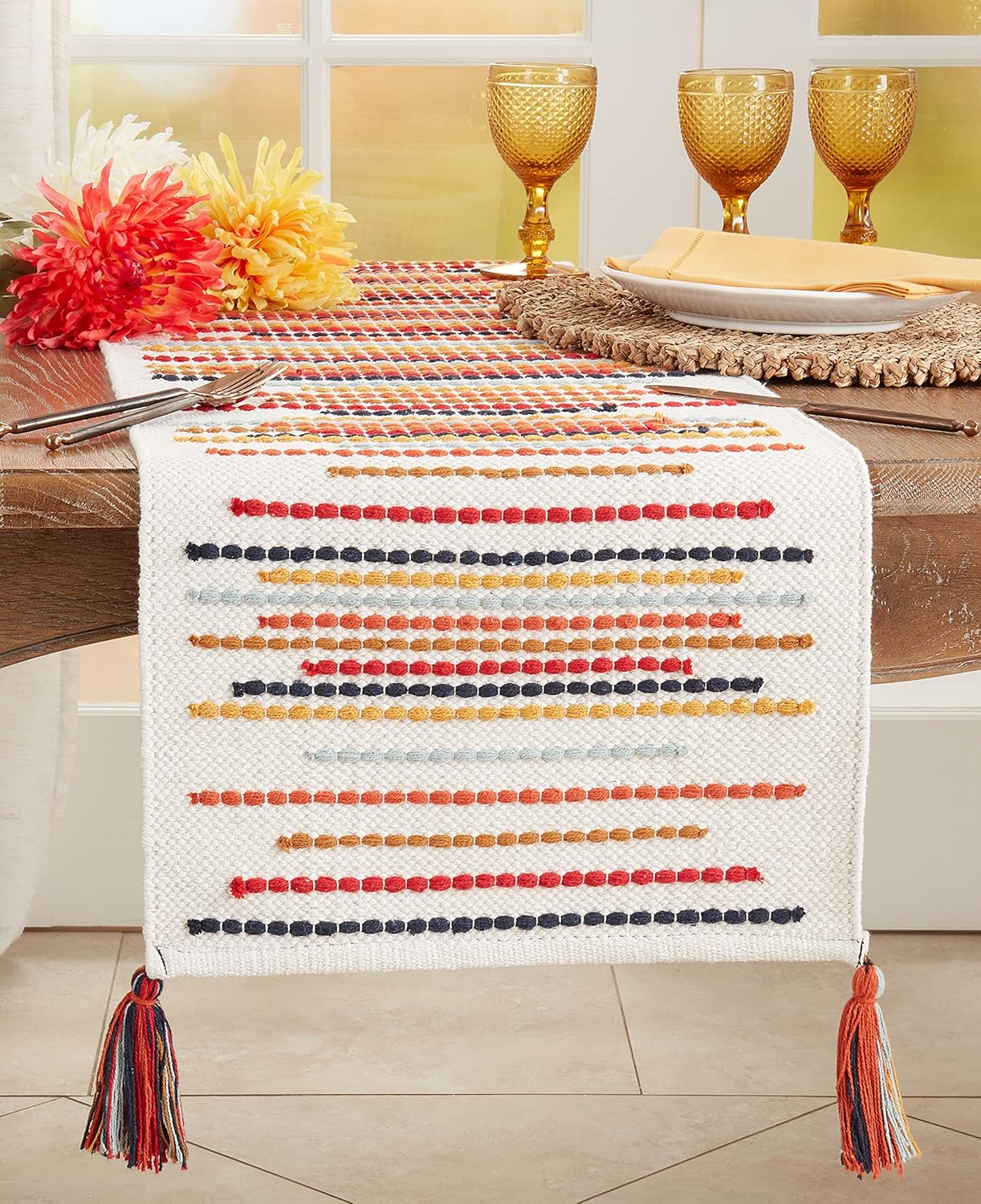 Multicolor Cotton Chunky Striped Table Runner with Tassels