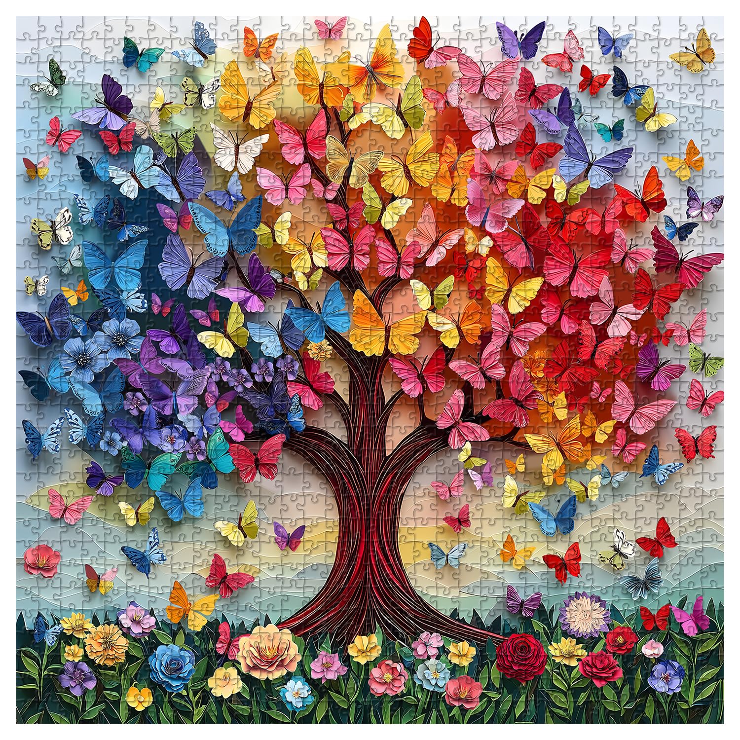 Rompecabezas coloridos de mariposa para adultos, 1000 piezas, árbol de la vida, rompecabezas floral arcoíris, tema único de arte de flores de primavera como decoración del hogar 9