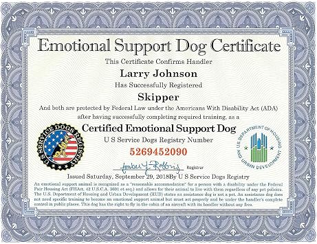 Official Certified Emotional Support Dog Customized Certificate with Leather Presentation Folder | Includes Handler/Dog PVC Info Card & Registration at US Service Dogs Registry