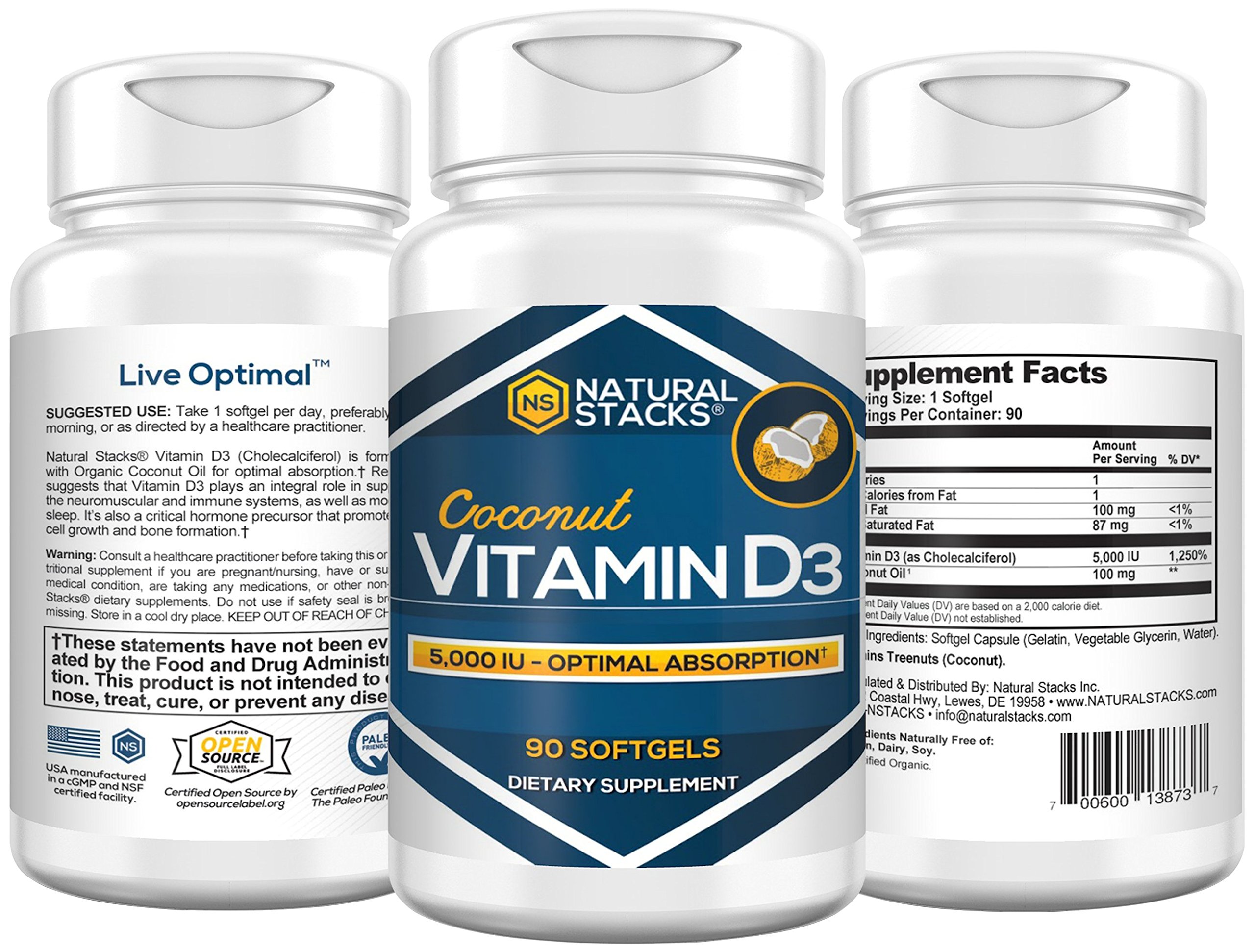 NATURAL STACKSVitamin D3 With Organic Coconut Oil 5000 Iu 90 Softgels 146138